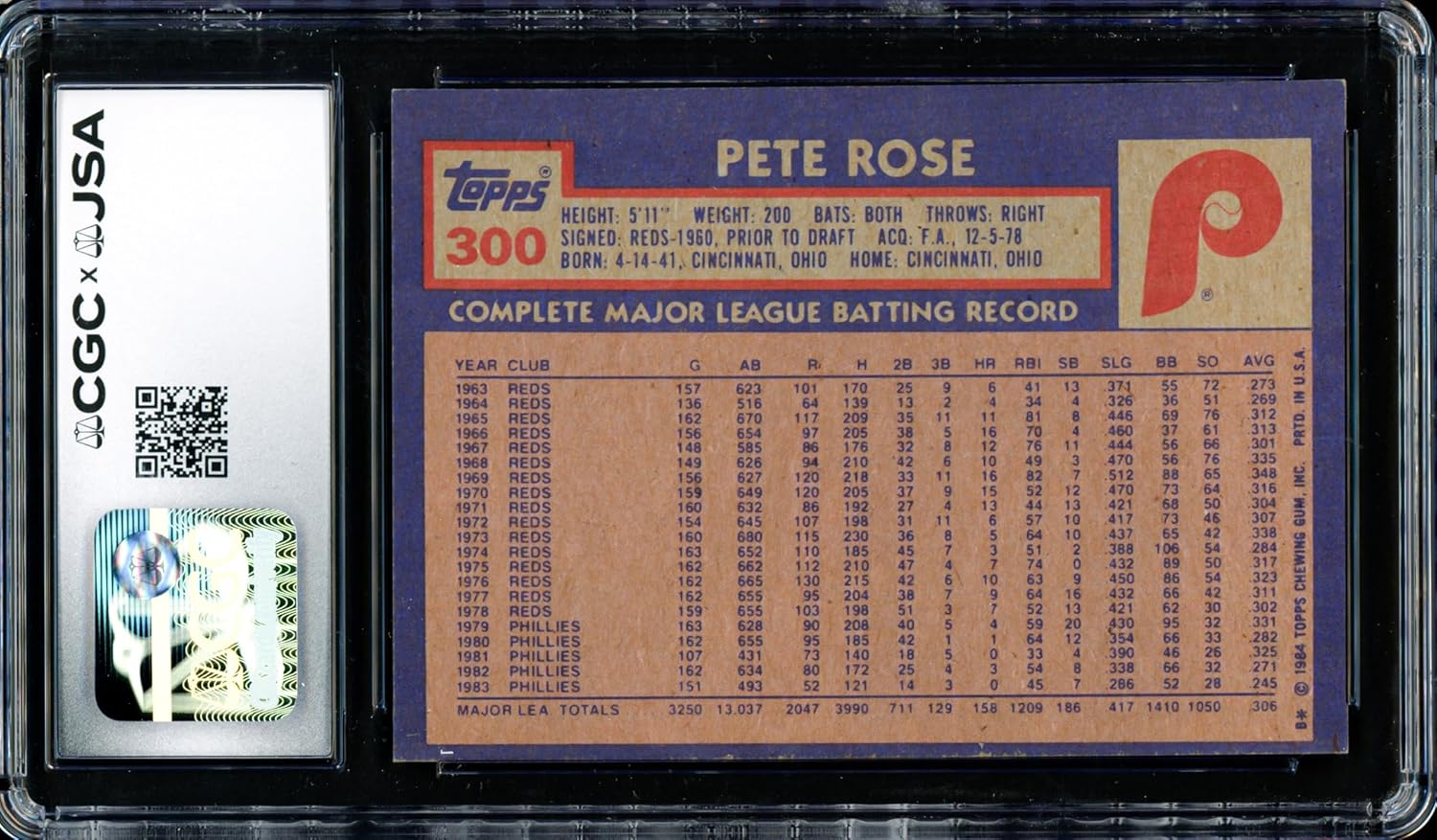 Pete Rose Autographed 1984 Topps Baseball Card #300 Auto Grade Gem Mint 10 CGC x JSA Stock #254372