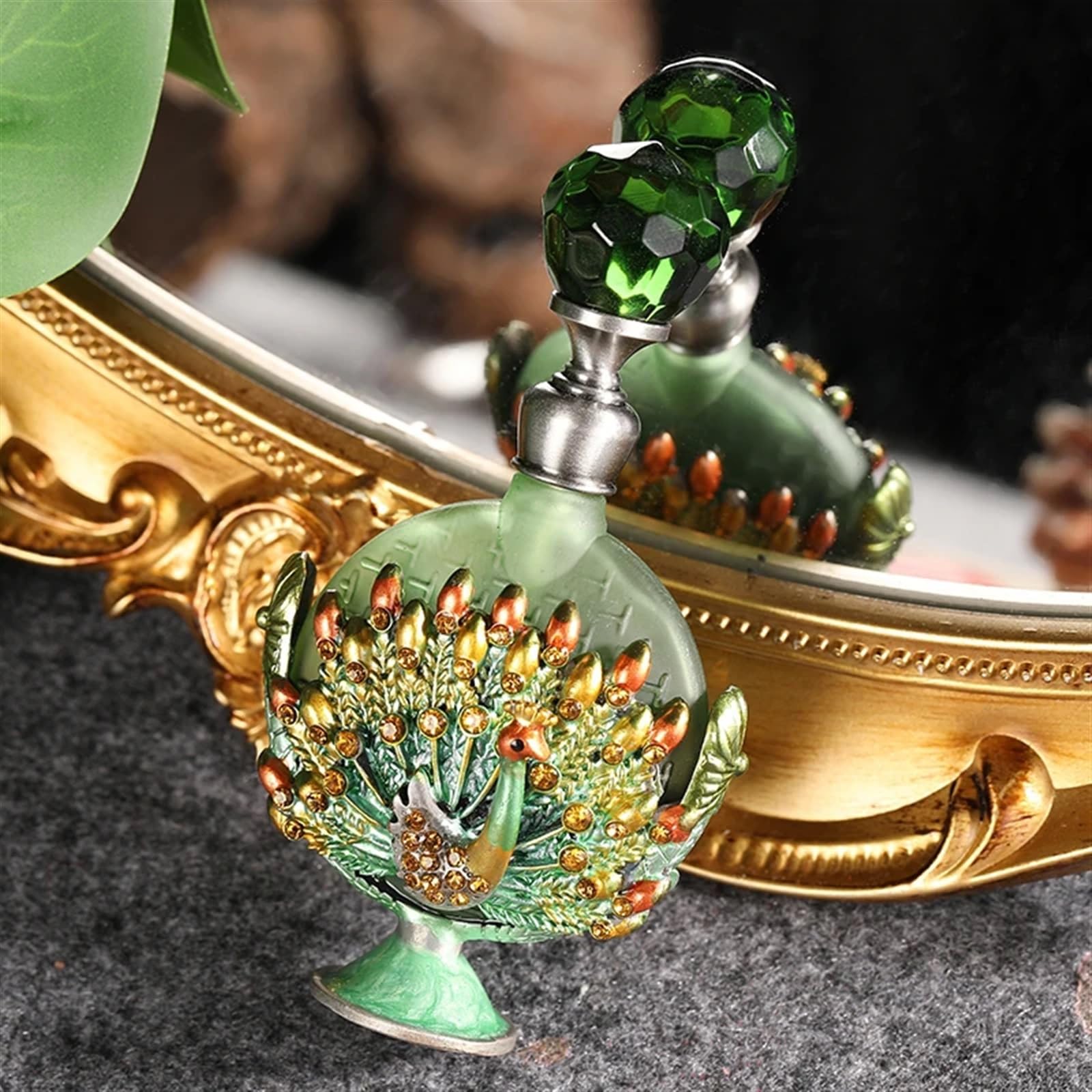 1 Stück Vintage 7 ml Pfau nachfüllbar leere Parfümflasche Metall Emaille Display Dekor Smaragd Kappe grün Glas Tropfer Geschenk Für Den Täglichen Gebrauch