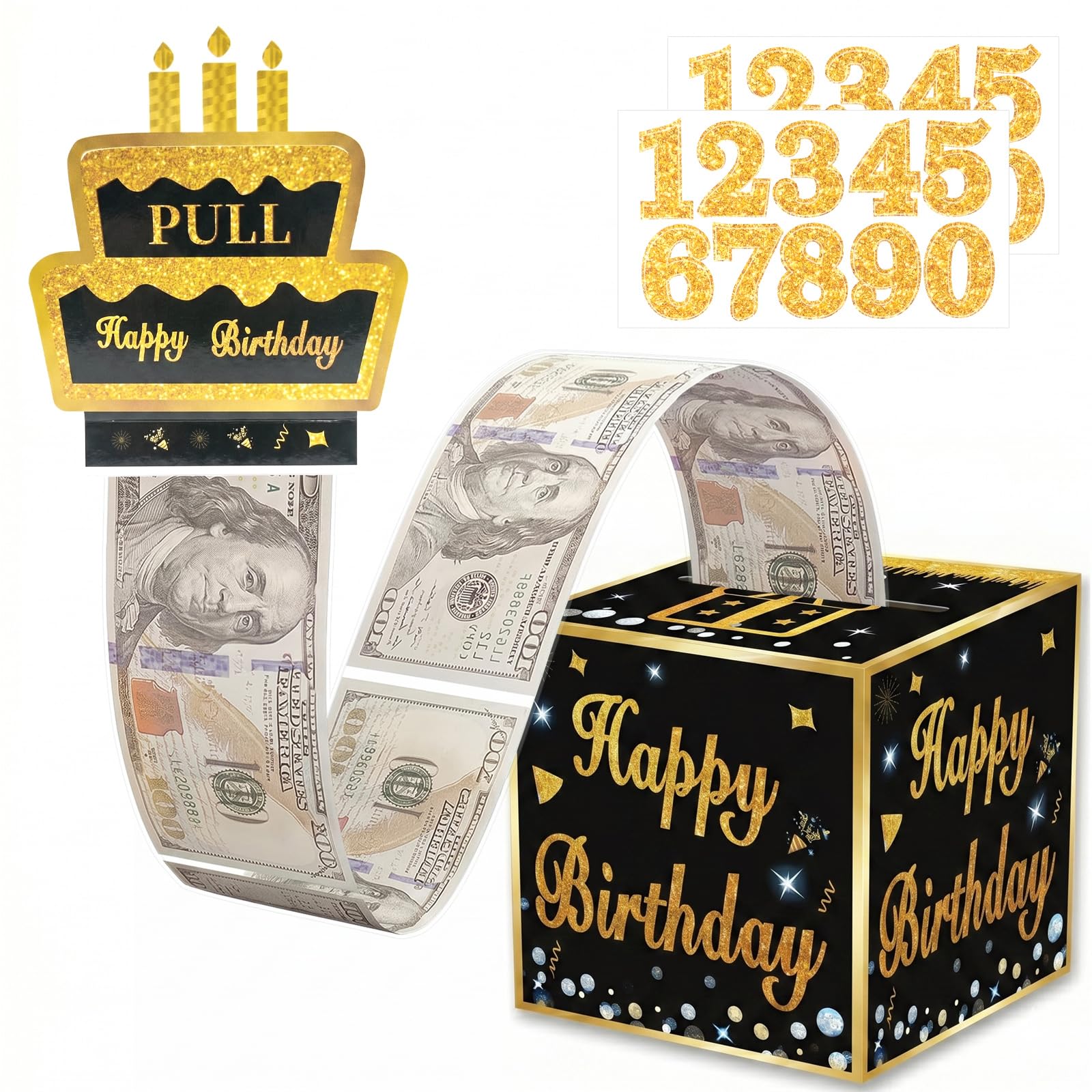 Pup Go Happy Birthday Cash Money Pull Out Gift Box, Mystery Cash Box with 2 DIY 0-9 Number Age Stickers, 50 Clear Bags, Creative Money Holder, Suitable for Teens & Adults (Black Gold)