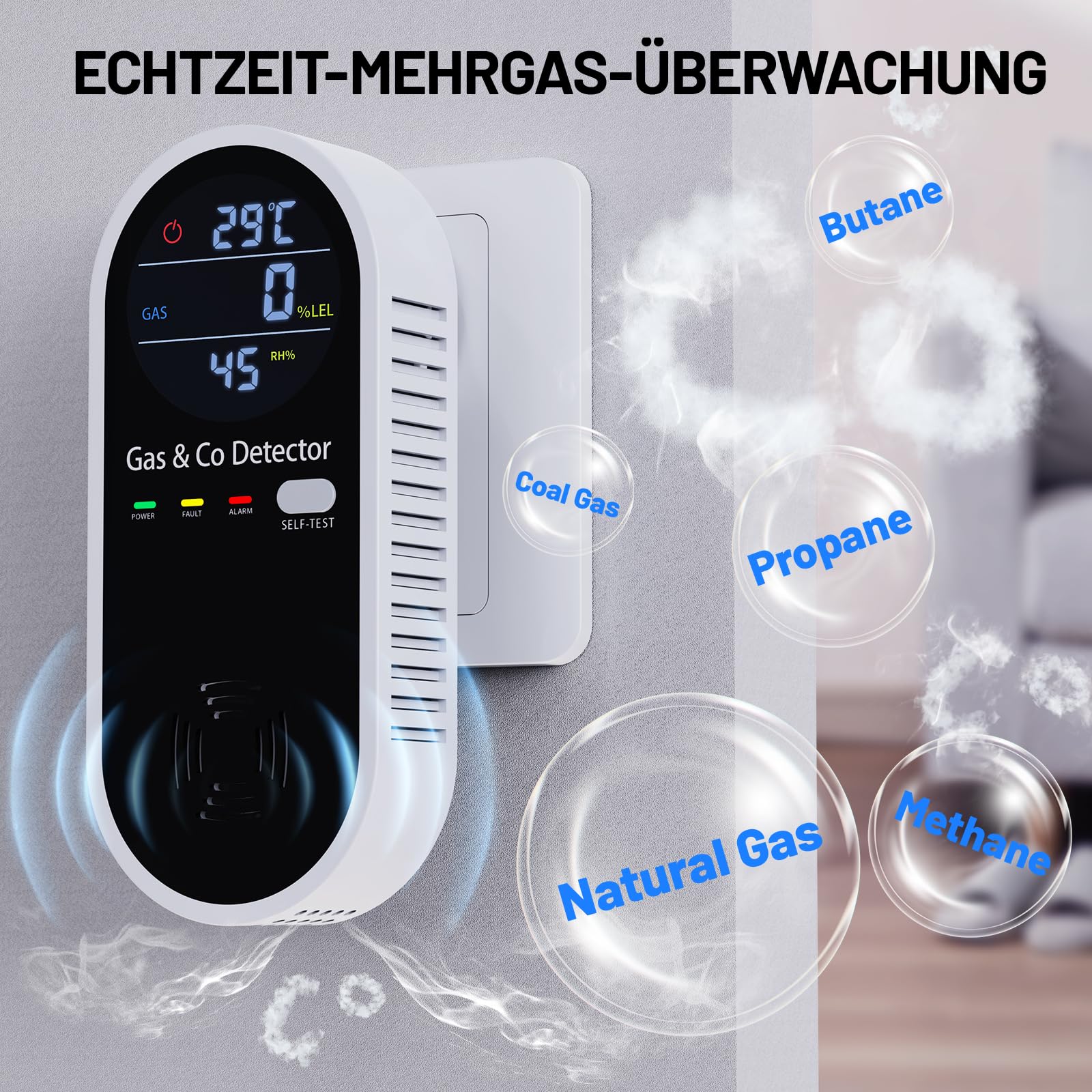Kohlenmonoxid Melder & Gasmelder 4-in-1 – CO Melder mit Temperatur- & Feuchtigkeitssensor, akustischer & visueller Alarm, Plug & Play – Für Zuhause, Garage und Werkstatt – YOJOCK
