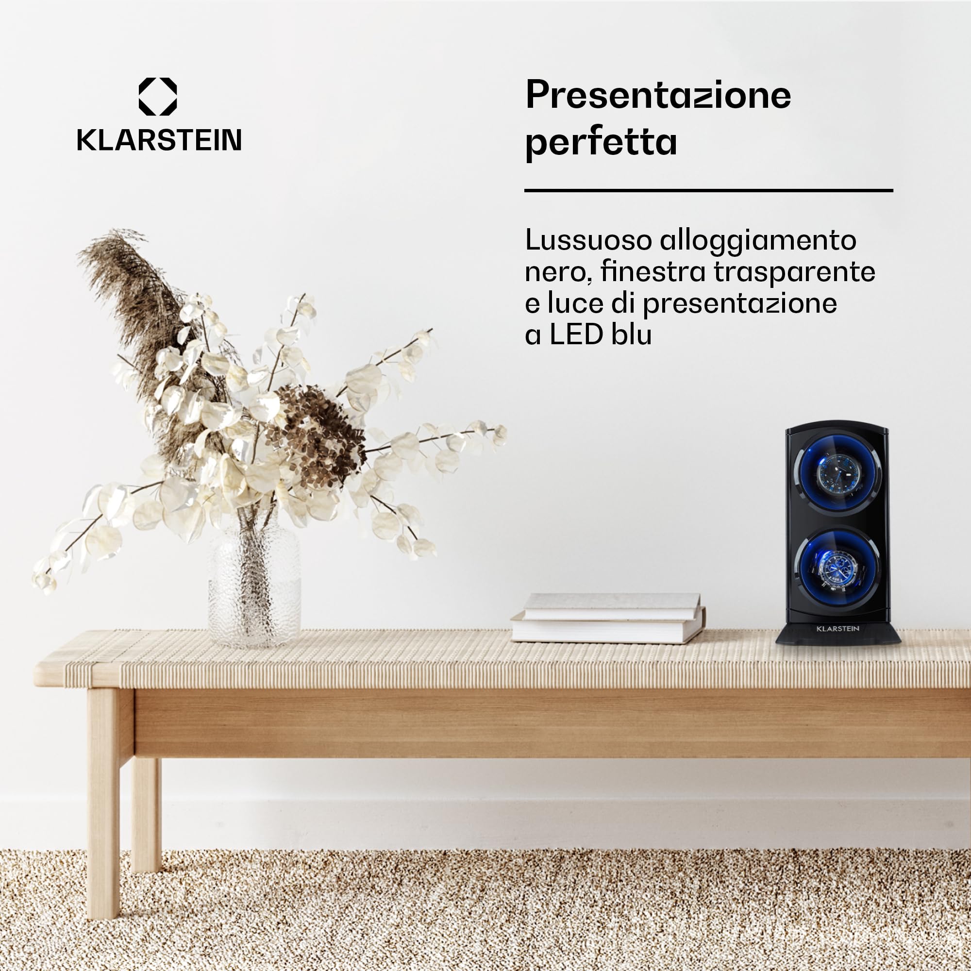 KLARSTEIN St. Gallen Premium - Scatola del Tempo, Watch Winder, Carica Orologi Automatici, Capacità: 2 Orologi, 4 Velocità, Funzionamento Senso Orario, LED, Nero