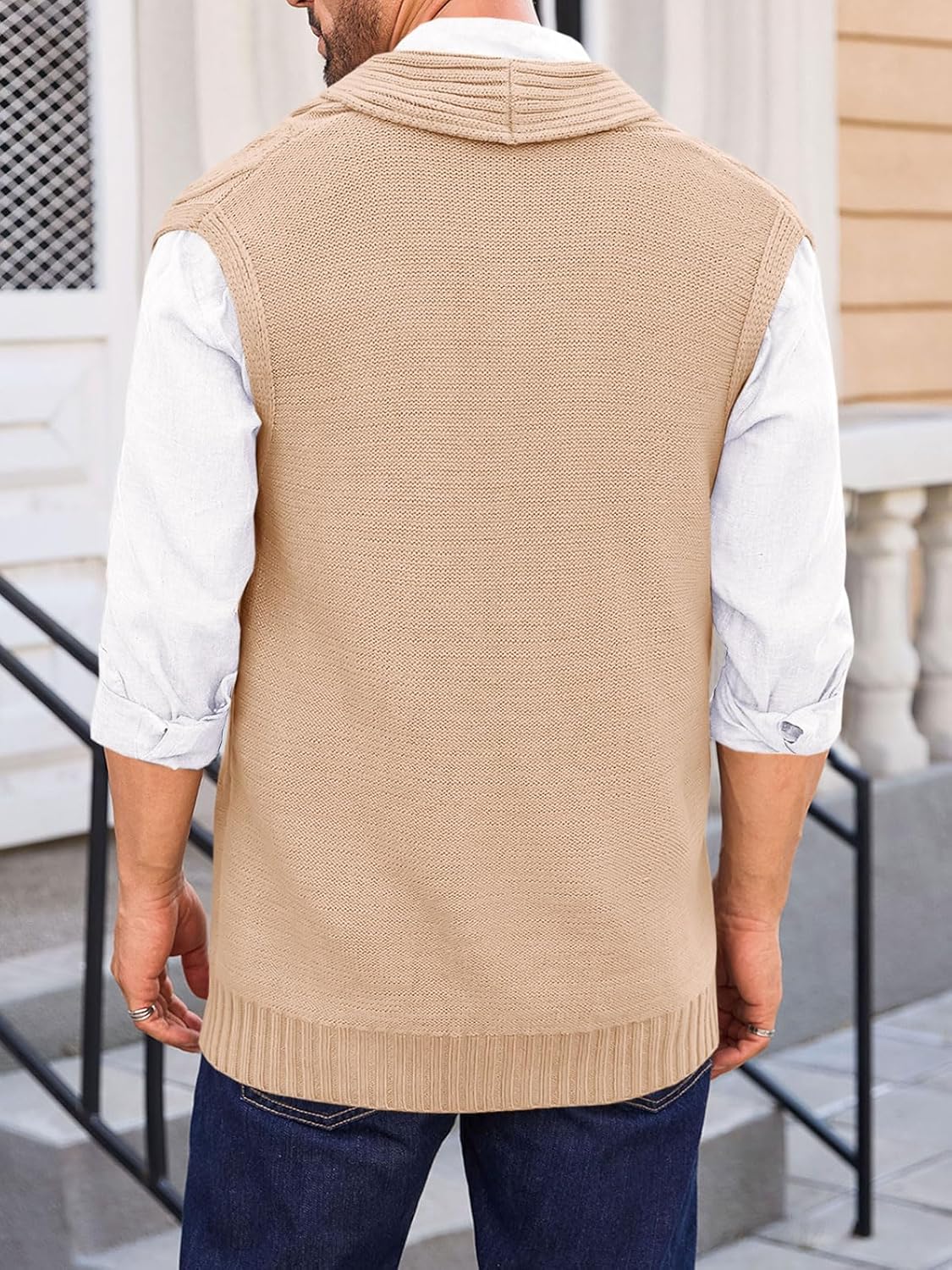 Runcati Mens Cable Knit Sweater Vest Shawl Collar Casual Slim Fit Sleeveless Button Down Cardigan Vest with Pockets - Image 3