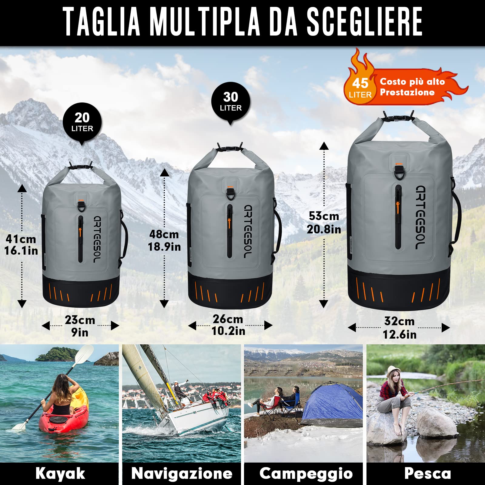 Borsa Impermeabile Mare Aggiornato, 45L 40L 30L 20L Zaino Impermeabile Sacca Stagna Sacca Impermeabile Con Spalline Per Kayak Tour in Barca Canoa/Pesca/Rafting/Nuoto/Canottaggio