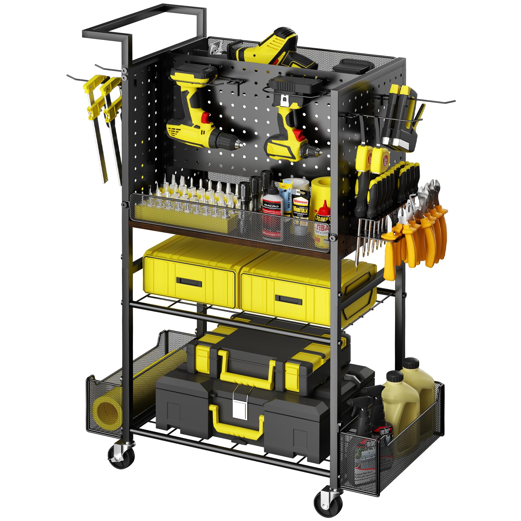 Photo 1 of Tool Cart on Wheels, 4-Tier Metal Rolling Utility Cart with Pegboard & Storage Baskets, 242.5 lbs Heavy Duty Tool Storage Organizer for Garage, Workshop and DIY Projects