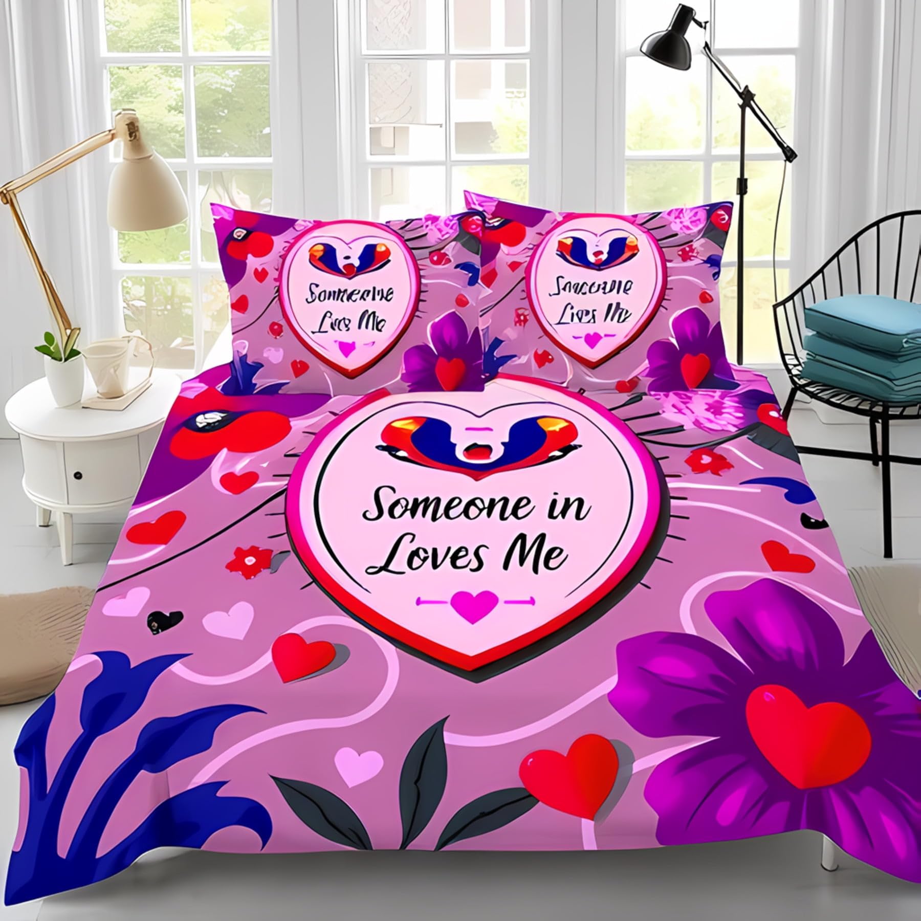 Parure de Lit 140x200 Florale et Cœur Rouge pour Chambre Enfant et Adulte