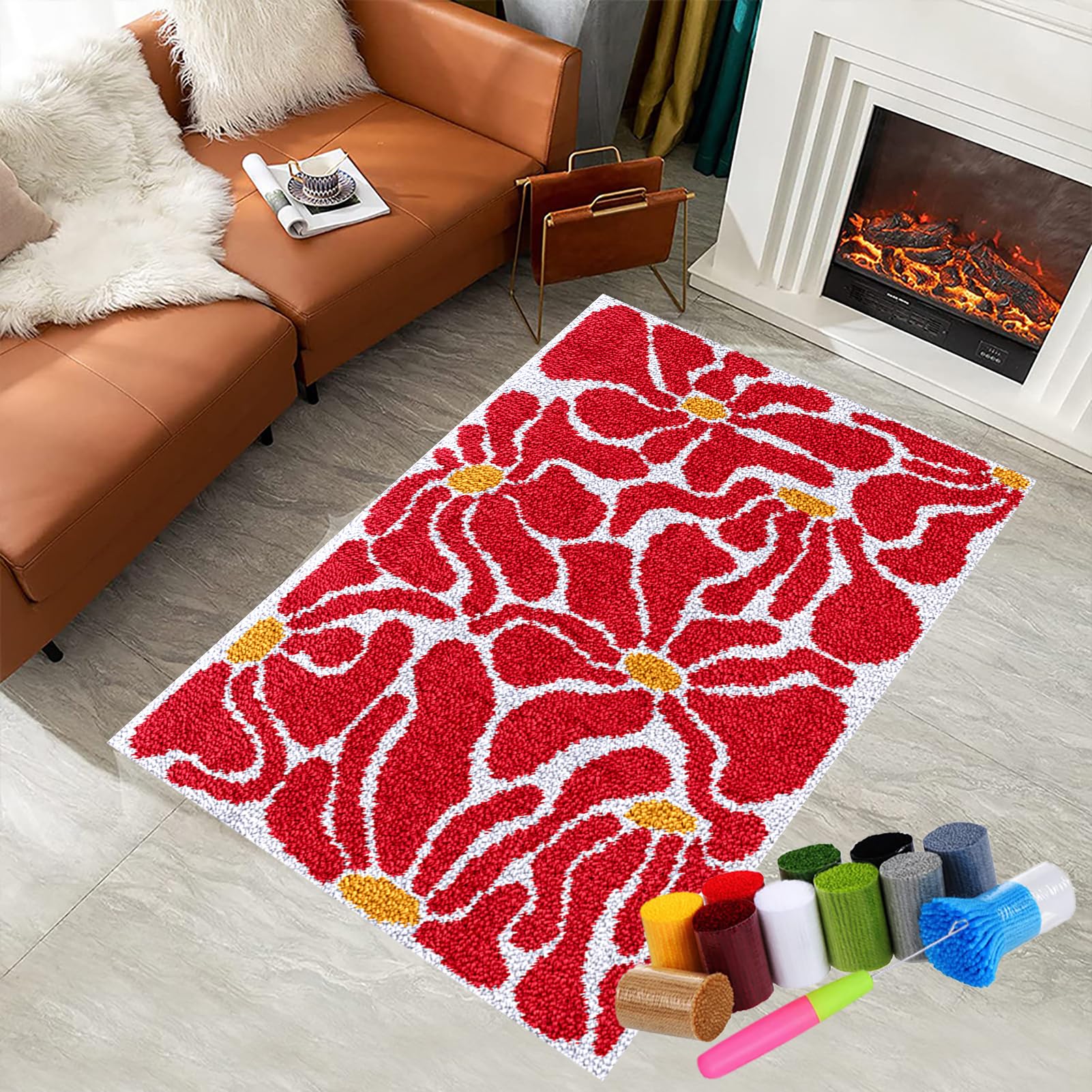 Latch Hook Kits for Adults Beginners, Tapestry Kits, Latch Hook Rug Kit for Home Décor, DIY Rug Making Kit for Adults with Printed Patterns, Canvas Yarn Latch Hook Kit, Crochet Kit 61 x 87 cm