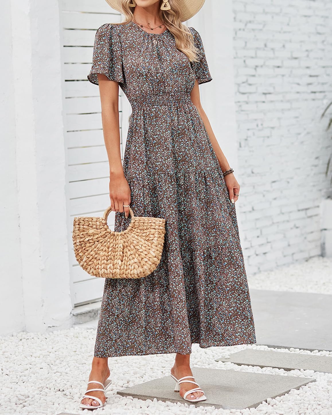 PRETTYGARDEN Women's Summer Casual Short Flutter Sleeve Round Neck Smocked Waist Tiered Boho Floral Flowy Maxi Dress - Image 3