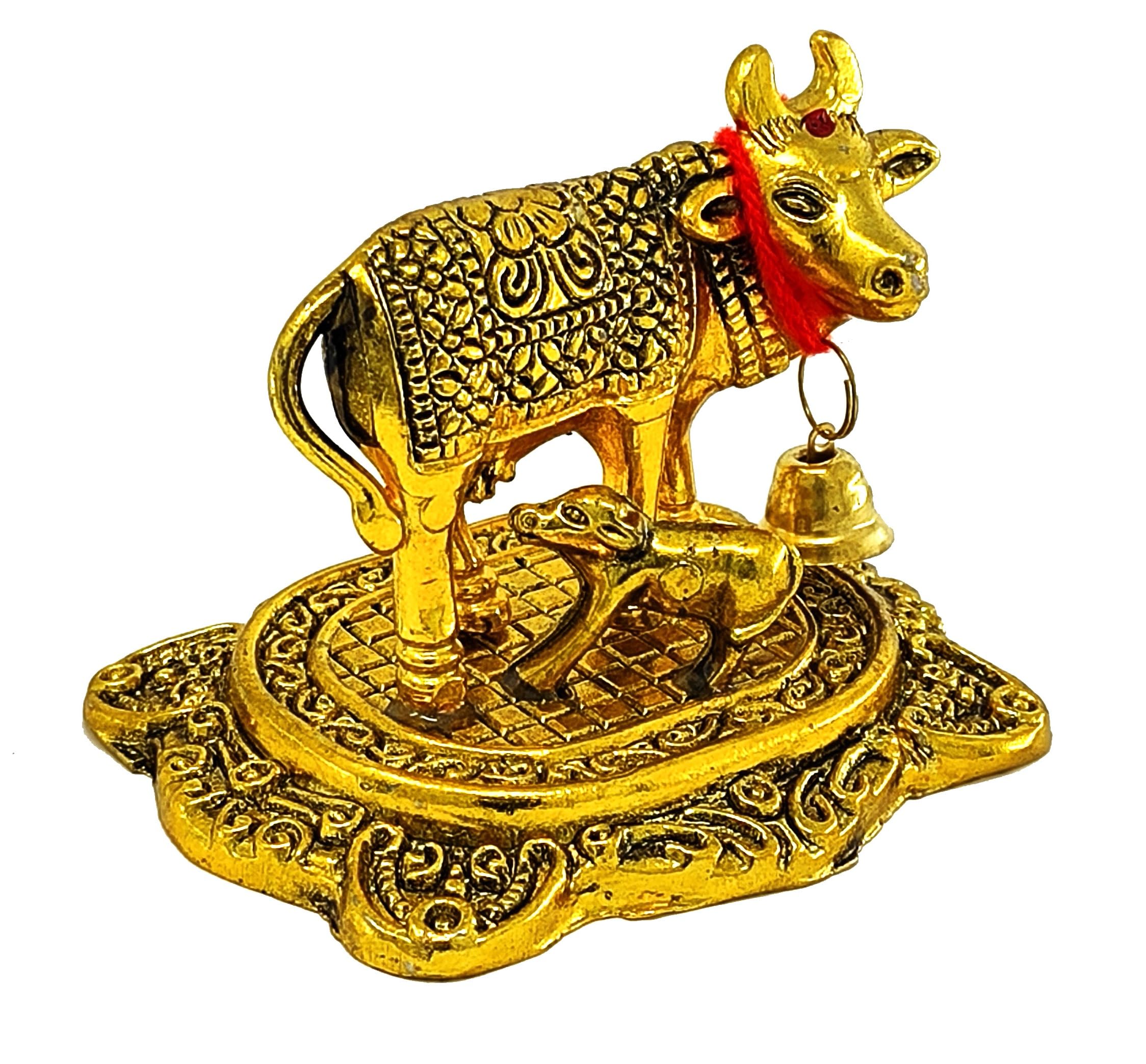 NOBILITY Estatua de metal dorada pequeña de vaca Kamdhenu con becerro con caja de regalo azul, artículo decorativo para el hogar, oficina, artículos de decoración Diwali, regalos de boda, paquete de 6