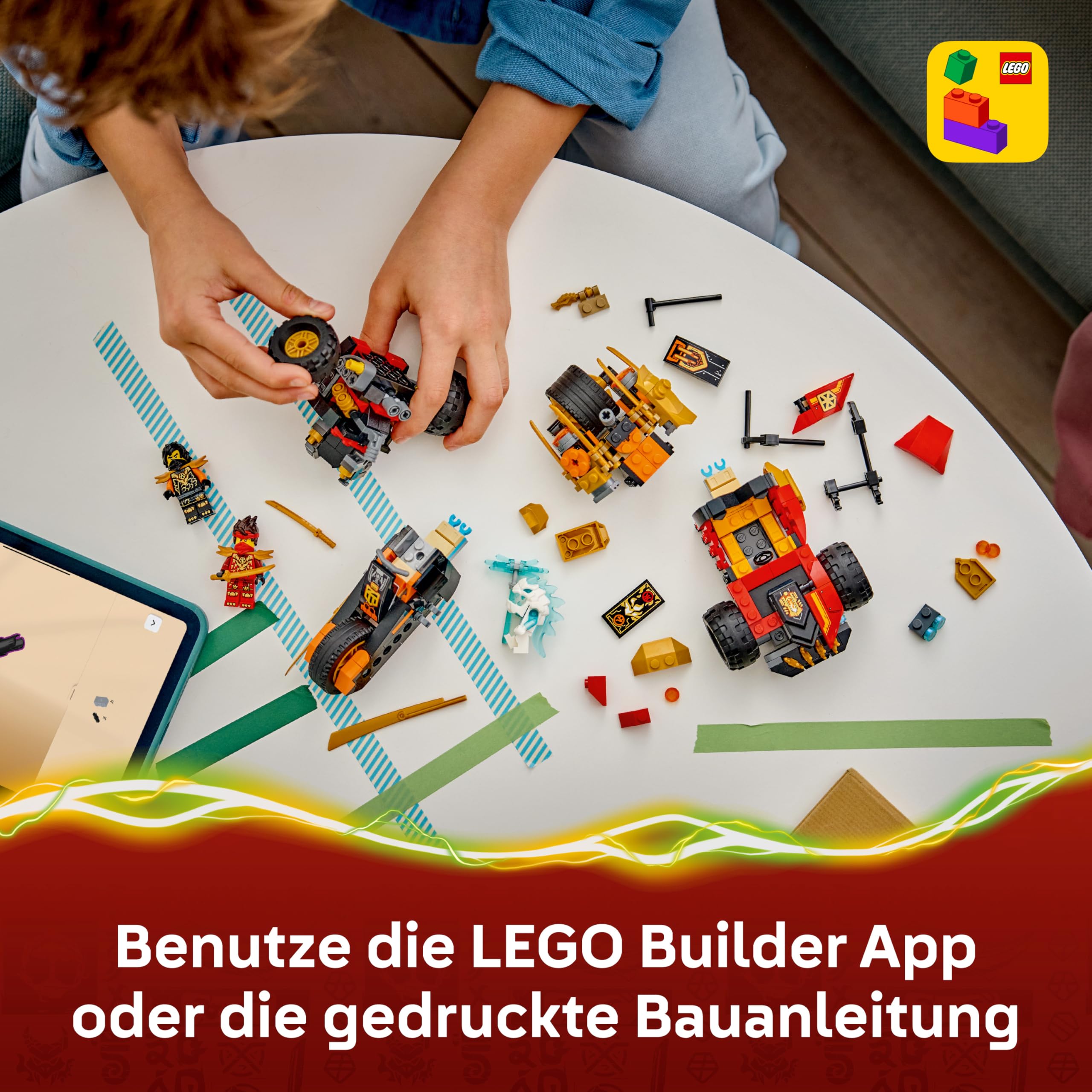 LEGO NINJAGO Kais und Coles Kombi-Flitzer - Ninja Spielzeug mit Auto, Motorrad, 3 Minifiguren inkl. Kai & Cole mit Katanas - Geschenkidee für Jungen ab 7 Jahren und Dragons Rising Fans - 71864
