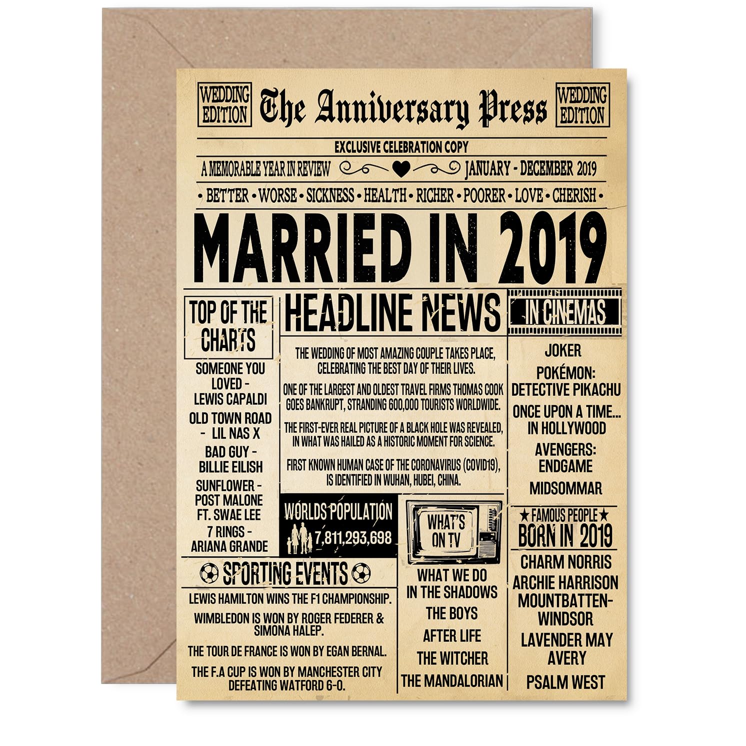 7th Anniversary Card for Men Women - Vintage Newspaper Married in 2019-7 Year Wedding Anniversary Card for Companion Husband Partner Wife, A5 Anniversaries Greeting Cards