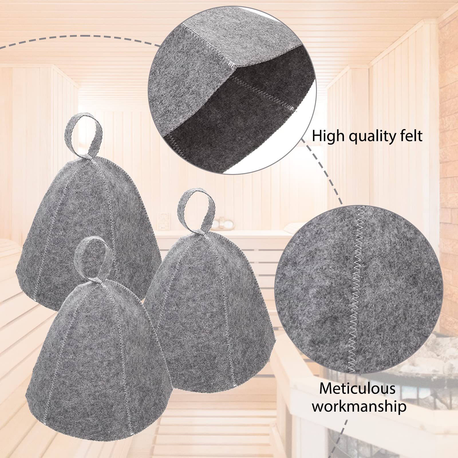 Bonnet de Sauna en Feutre Gris 3 Pièces pour Femmes et Hommes