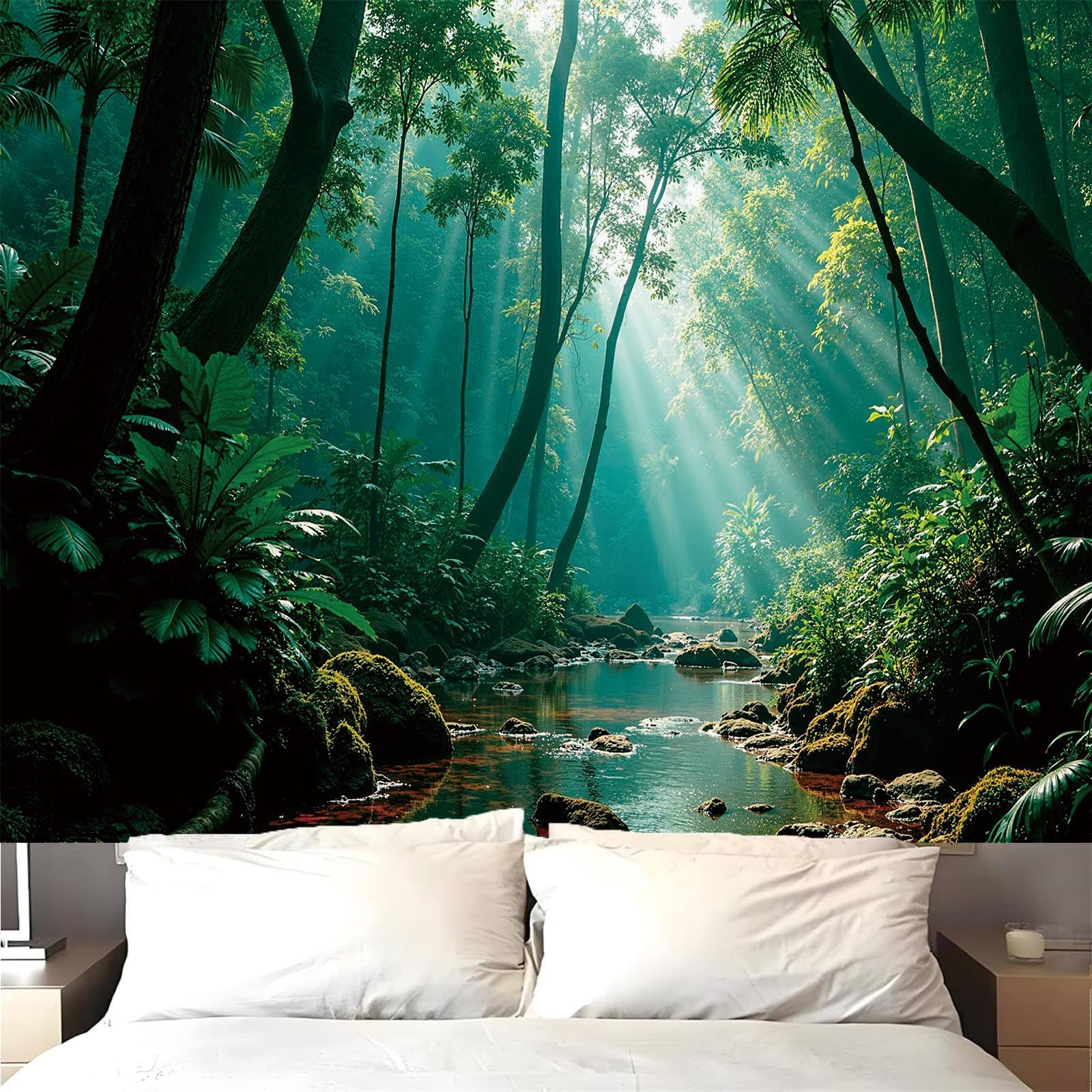 Atrippy Forest Nature Green Tapestry for Bedroom, Misty Landscape Backdrop Wall Hanging Aesthetic, Large Wall Mural Rainforest Stream Tapestries Outdoor Art Decor for Living Room Dorm 51x60 Inches
