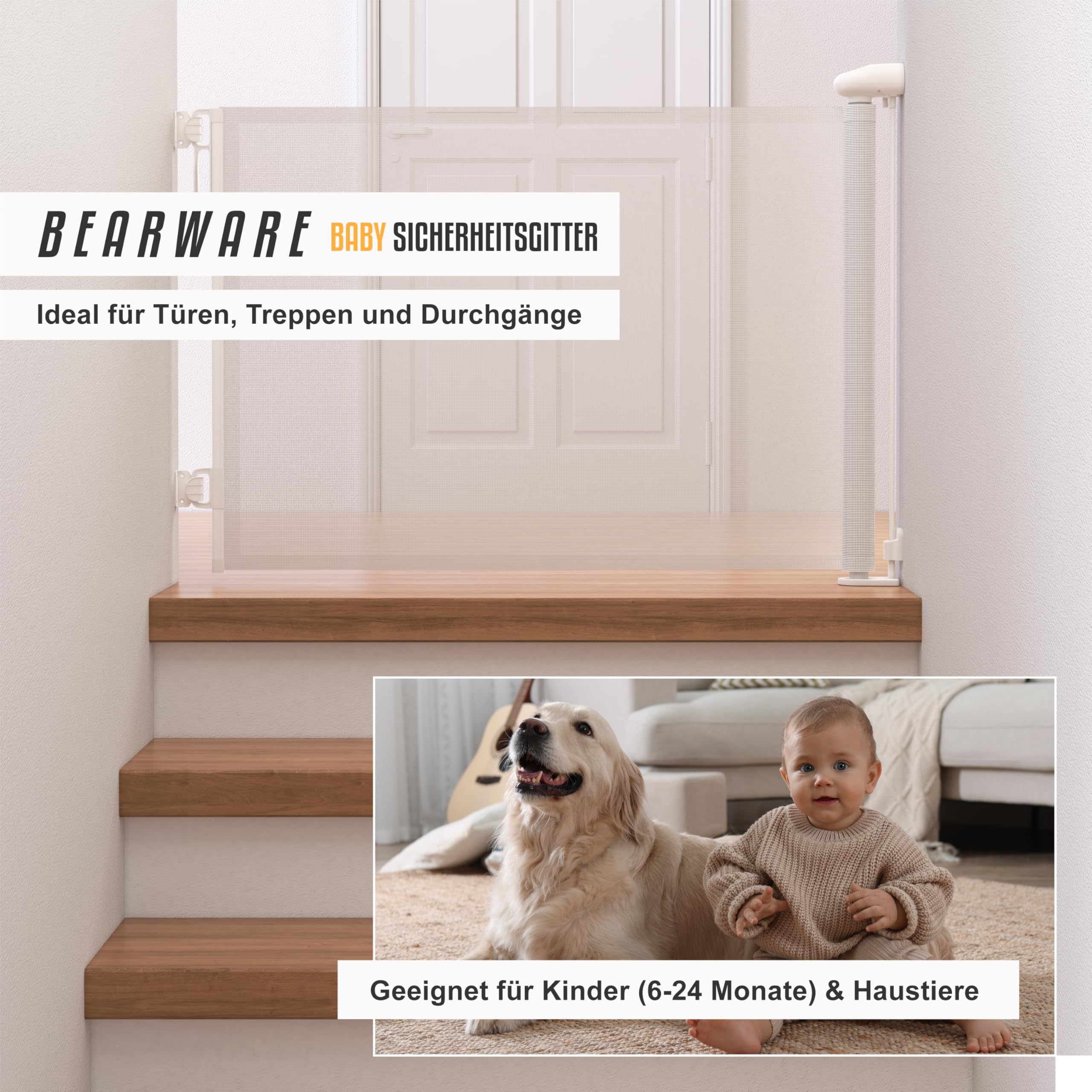 CSL - Schutzgitter Treppe Baby – Baby Schutzgitter für Treppen und Türen – bis zu 180 cm – Kindersicheres Absperrgitter – Treppenschutzgitter ausziehbar - Sicherheitsgitter Safety Gate