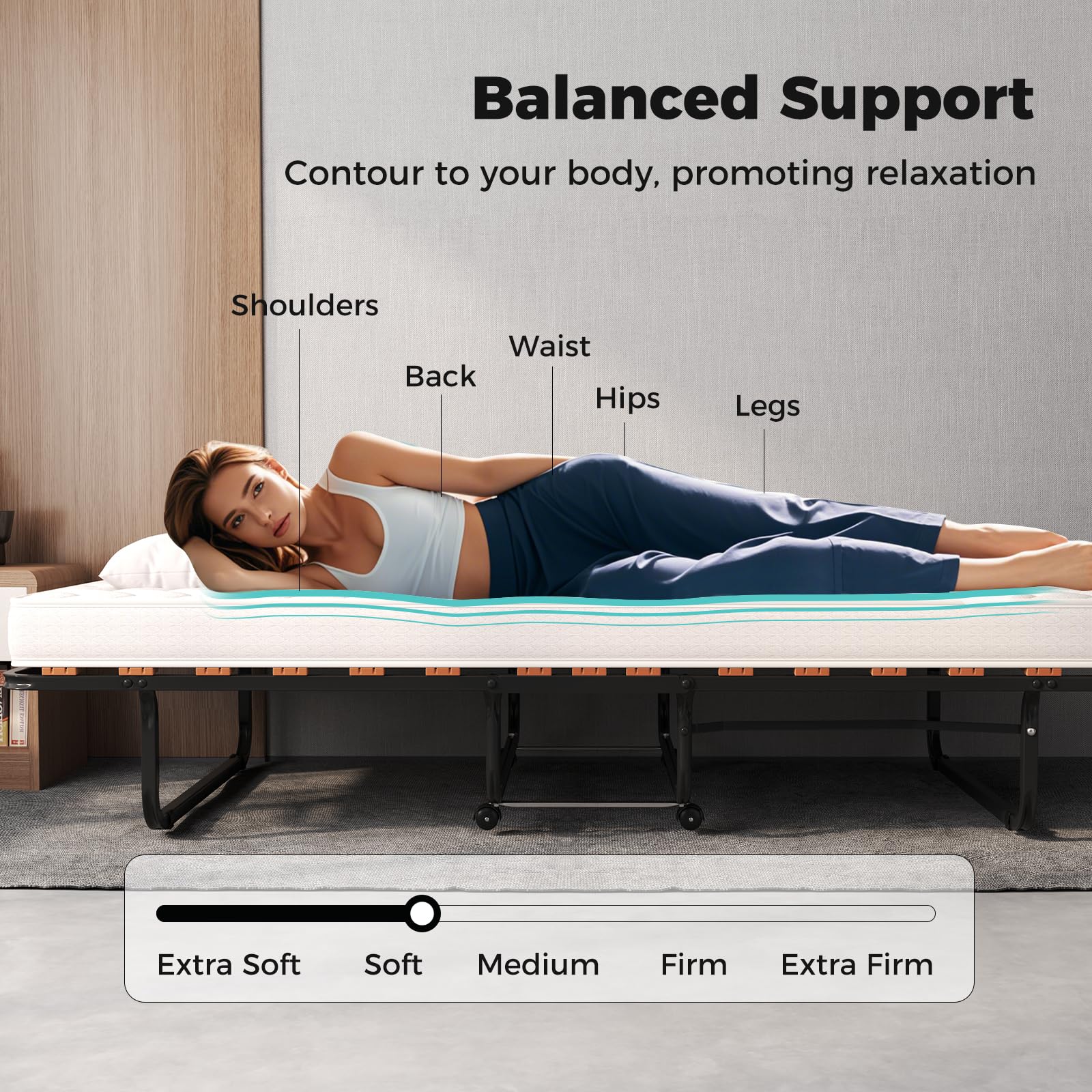 GIANTEX Letto Pieghevole 90x200 cm con Memory Foam, Lettino Pieghevole per Gli Ospiti con 4 Ruote, Sgabello e Bracci, Letto da Viaggio per Adulti, Doppia Sedia a Doghe, Nero e Beige, Made in Italy