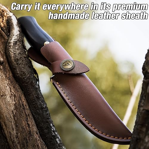 Miniatura 8 de FLISSA Cuchillo de caza de Damasco, cuchillo de hoja fija de 9.5 pulgadas con funda de cuero, cuchillo de supervivencia con mango de sándalo negro