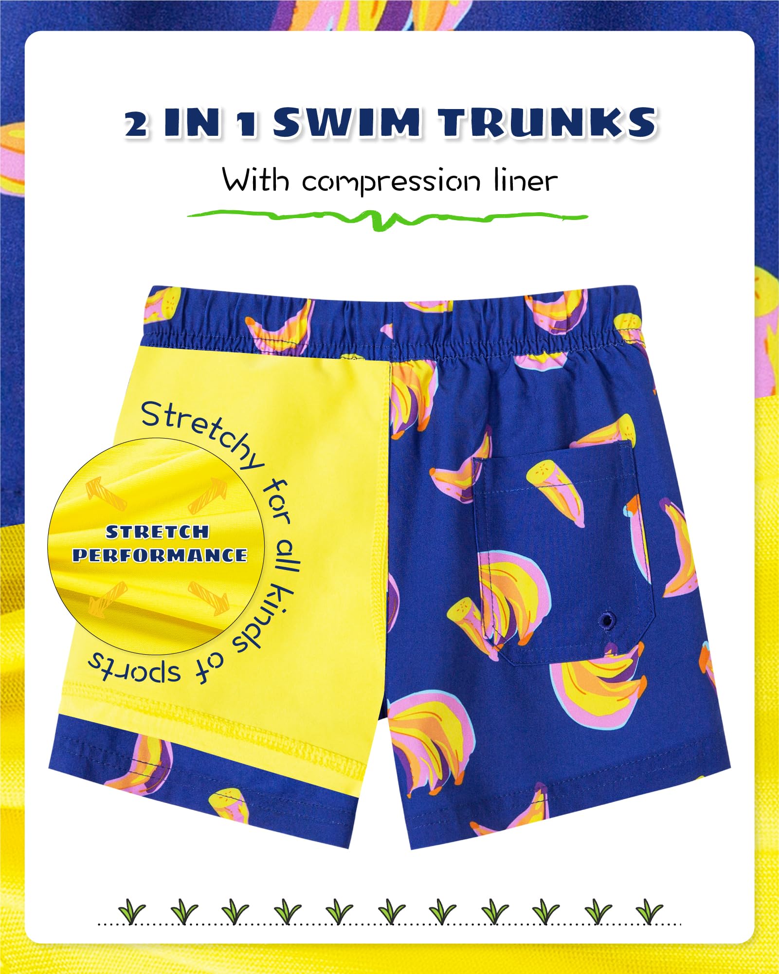 SURF CUZ Boys Swim Trunks with Boxer Brief Liner 2 in 1 Toddler Stretch Swimsuit Shorts Quick Dry Swimming Bathing Suit Dancing Banana 10/12