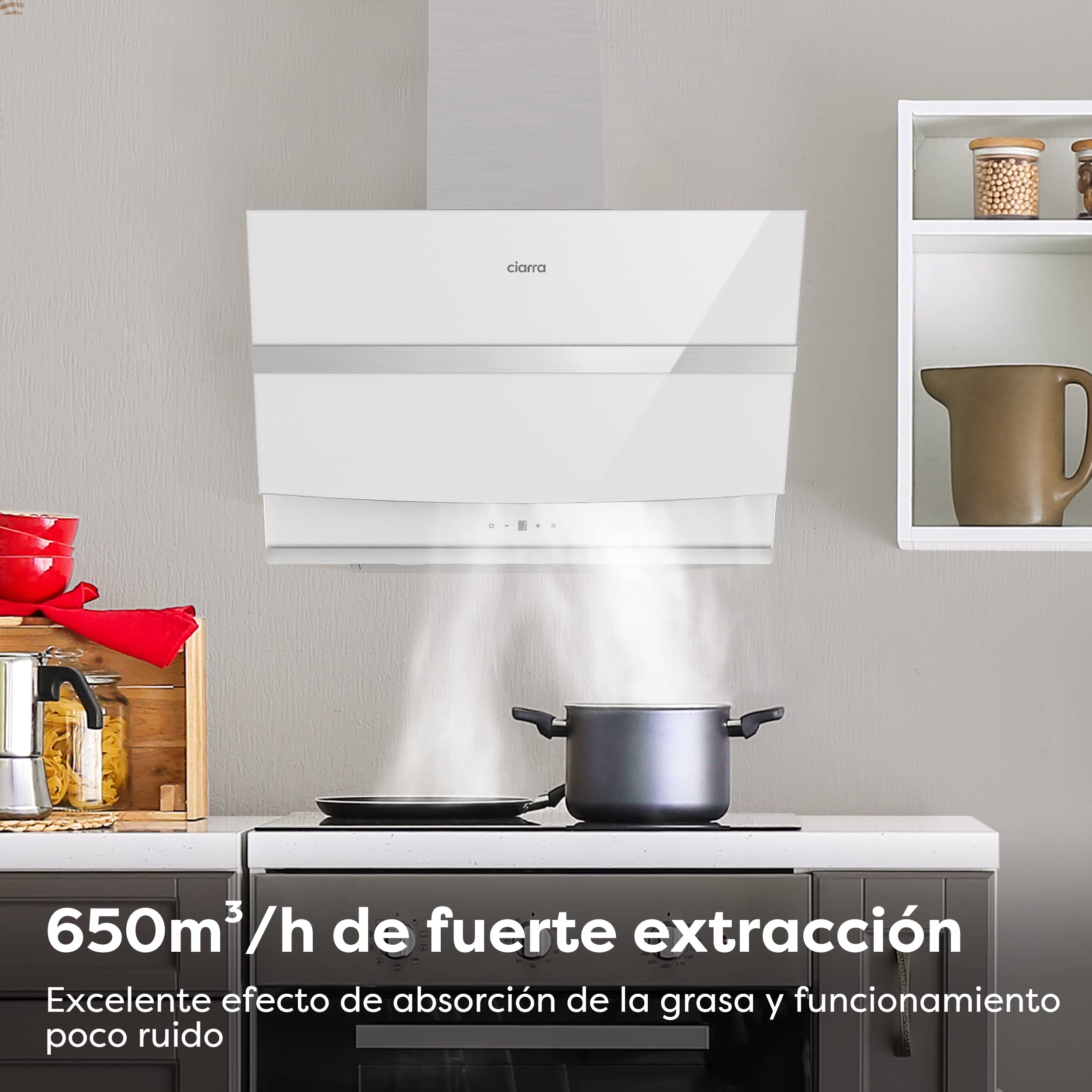 Ciarra ASW6736N Campana Extractora 60cm Clase A+++ 650m³/h Pantalla Táctil 4 Velocidades Recirculación por Filtro de Carbón- Blanco
