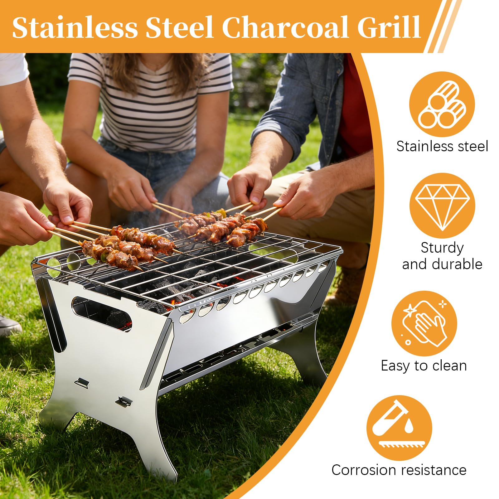Barbecue da tavolo in acciaio inox, da montare, portatile per campeggio, giardino e picnic, con griglia e vassoio per cenere, facile da montare e robusto
