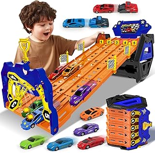 BuzzoXerex Car Racing Track for Children, Transport Truck with 5 Cars, Portable Toy, Car Raceway, Toy Race Truck Gift for Boys 3 4 5 6 7 8 Years