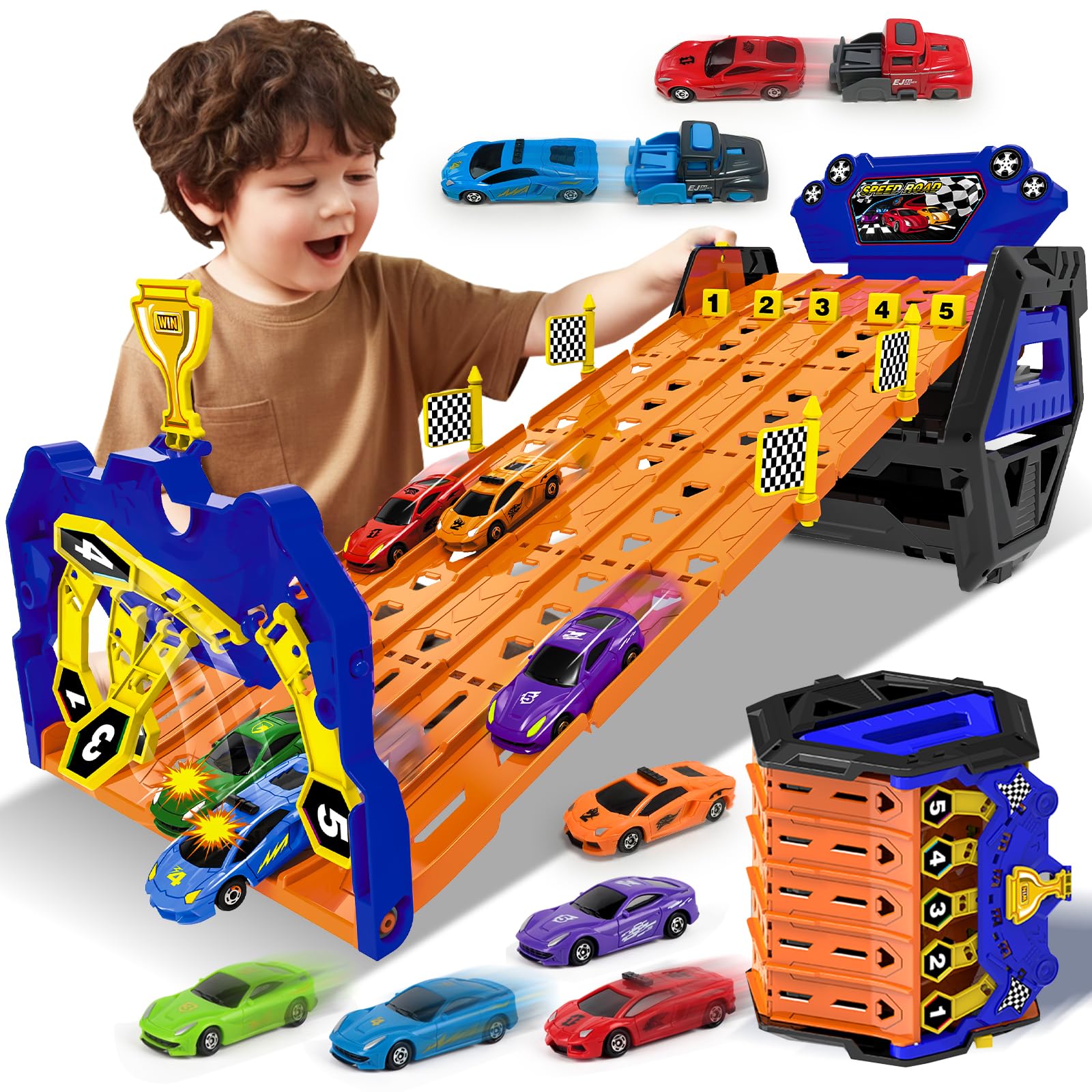 BuzzoXerex 5 in 1 Macchine Pista, Camion Trasportatore con 5 Auto, Giocattolo Pista da Corsa Storage Bucket per Bambini, Regalo di Macchinina Giocattolo per Bambino 3 4 5 6 7 8 Anni