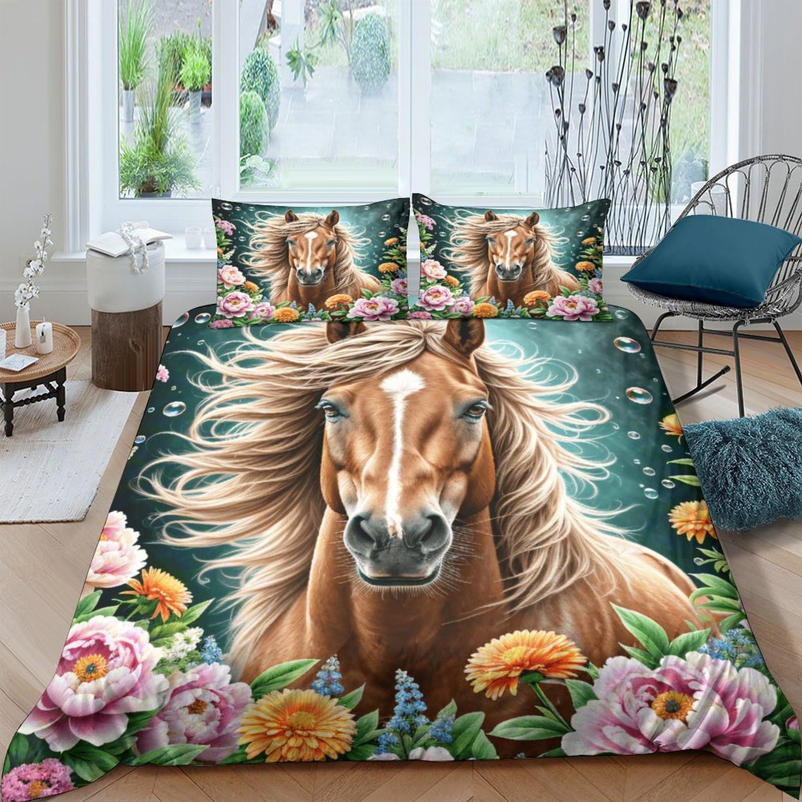 WXLWHR Horse Duvet Cover Sets Ultra Soft Microfiber 3 Piece 3D Printed Bedding Set Horse Peony Comforter Cover with Pillowcase for Teens And Adults Double（200x200cm）