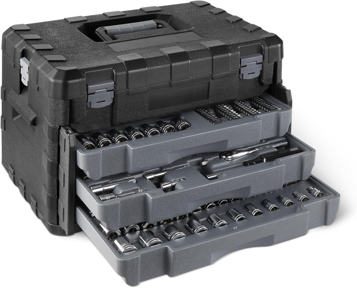 Amazon Basics 287-Piece Mechanic Tool Set with Sockets, Ratchets & Wrenches, 1/4", 3/8", 1/2" Quick-Release, Metric and SAE - 3-Drawer Case