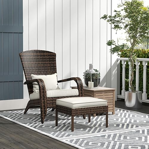 Miniatura 2 de Outsunny Silla Adirondack de mimbre para patio con otomana, silla para fogata al aire libre con cojines, respaldo alto, asiento grande y