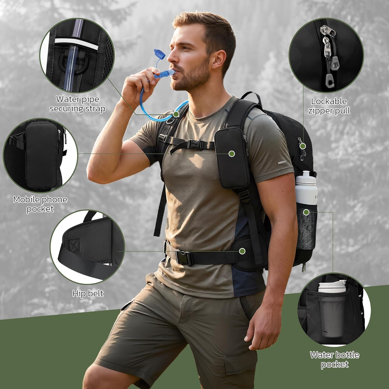 TILYMOL Hydration Hiking Backpack with 2L Water Bladder - Lightweight Waterproof Outdoor Camping Backpack/Water Backpack, Hiking Daypack with Hydration System for Hiking, Travel, Running, Biking
