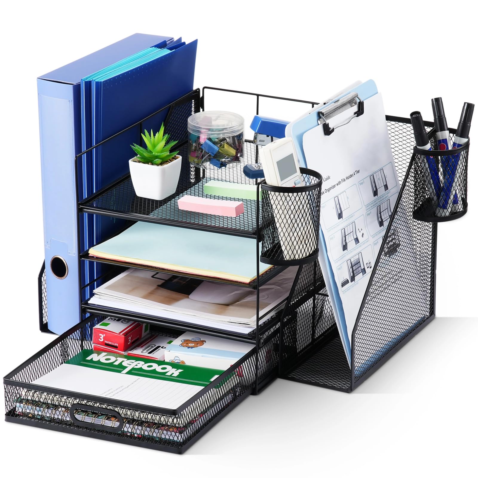 Desk Organizer with File Holder, Mesh Desktop Organizer and Storage with Drawers, and 2 Pen Holder, Vertical File Holder Organizer, 4-Tier Desk Organizer for Office Supplies