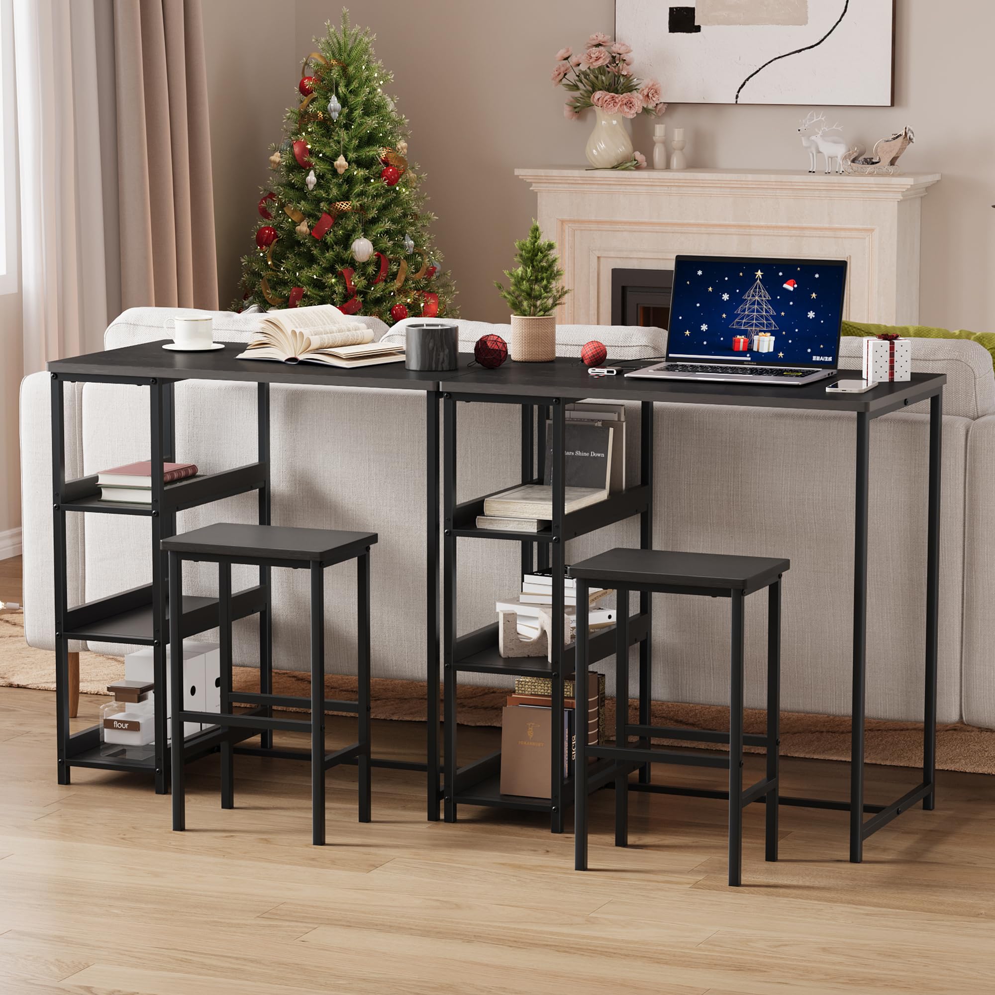 3-teiliges Esszimmer-Set – Moderner Esstisch mit Metallgestell & Holzoptik, 2 Barhockern, Ablagefächern, platzsparend für Küche, einfache Montage, Schwarz, Black Tube + Black Wood Grain
