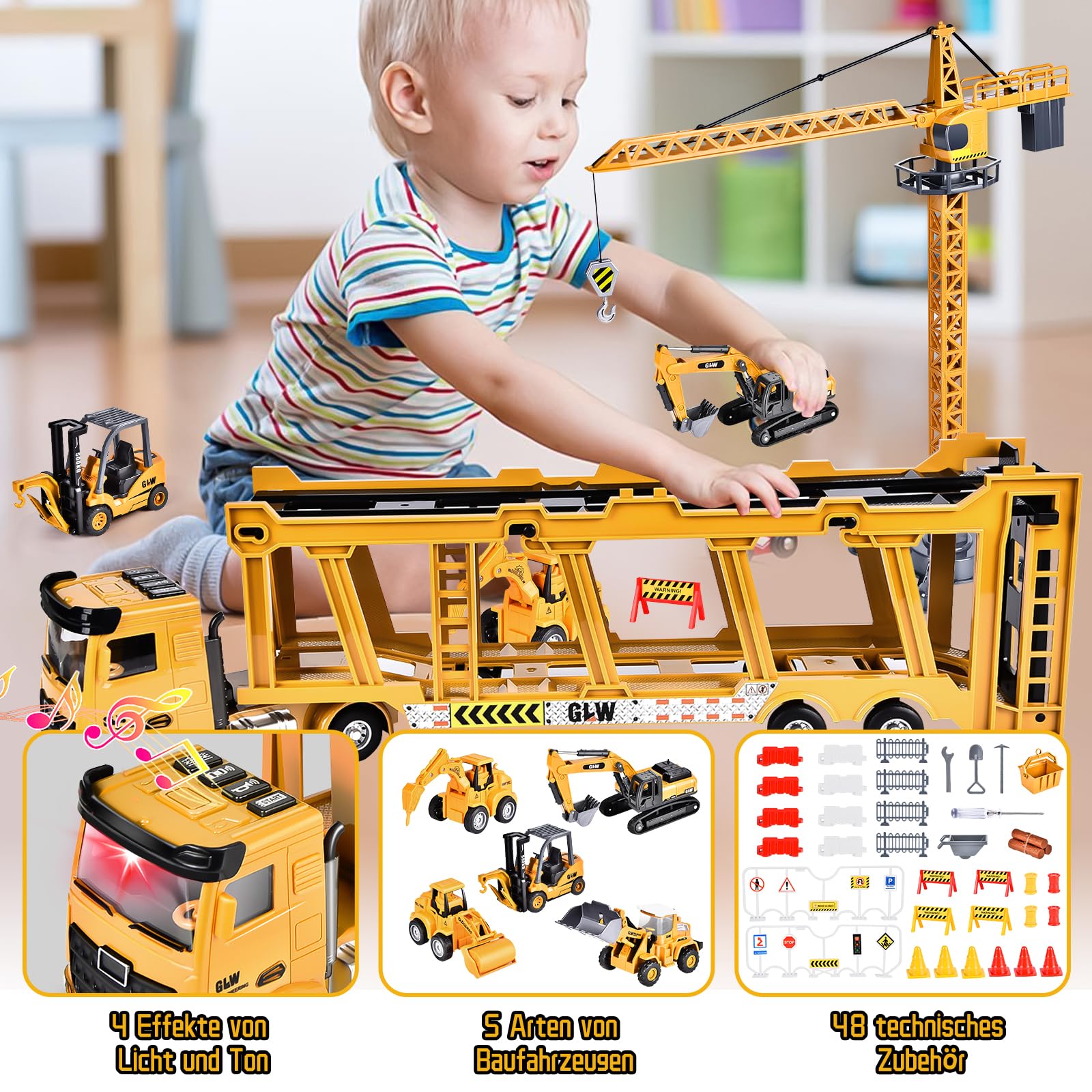 Herefun Baufahrzeug LKW Spielzeug Set, Baustellenfahrzeuge Kinder Set, Groß Kräne, Baufahrzeuge Kinder, Autotransporter Spielzeug Junge, Spielzeugautos ab 3 Jahre, Geschenke für Junge ab 3 Jahren