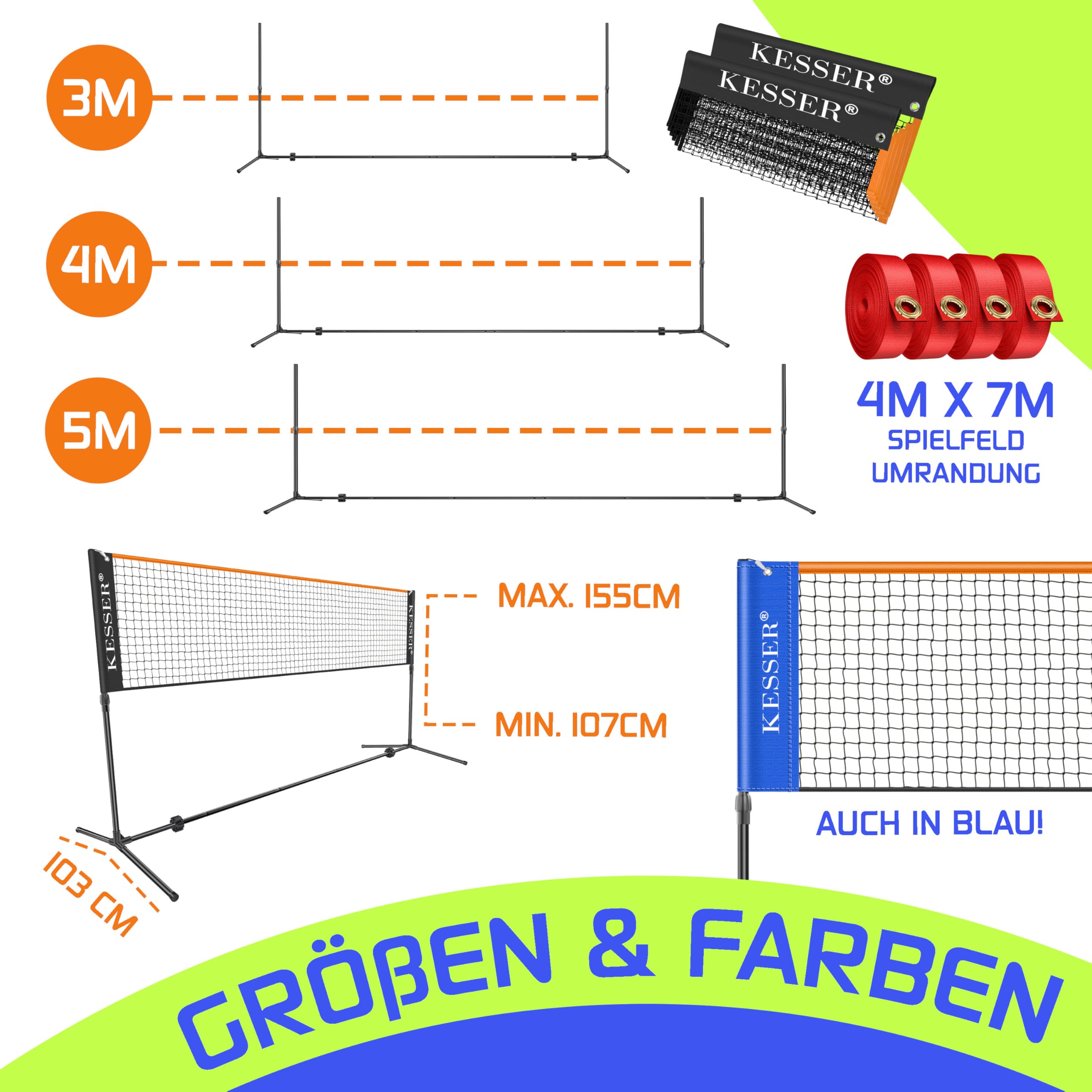 KESSER® Badmintonnetz Tennisnetz | Federballnetz 3-Fach-Höhenverstellbar 107/120/155cm, Set bestehend aus Netz, 3X Federball & 3X Tennisball, Transporttasche, stabilem Eisen-Gestell, Indoor & Outdoor