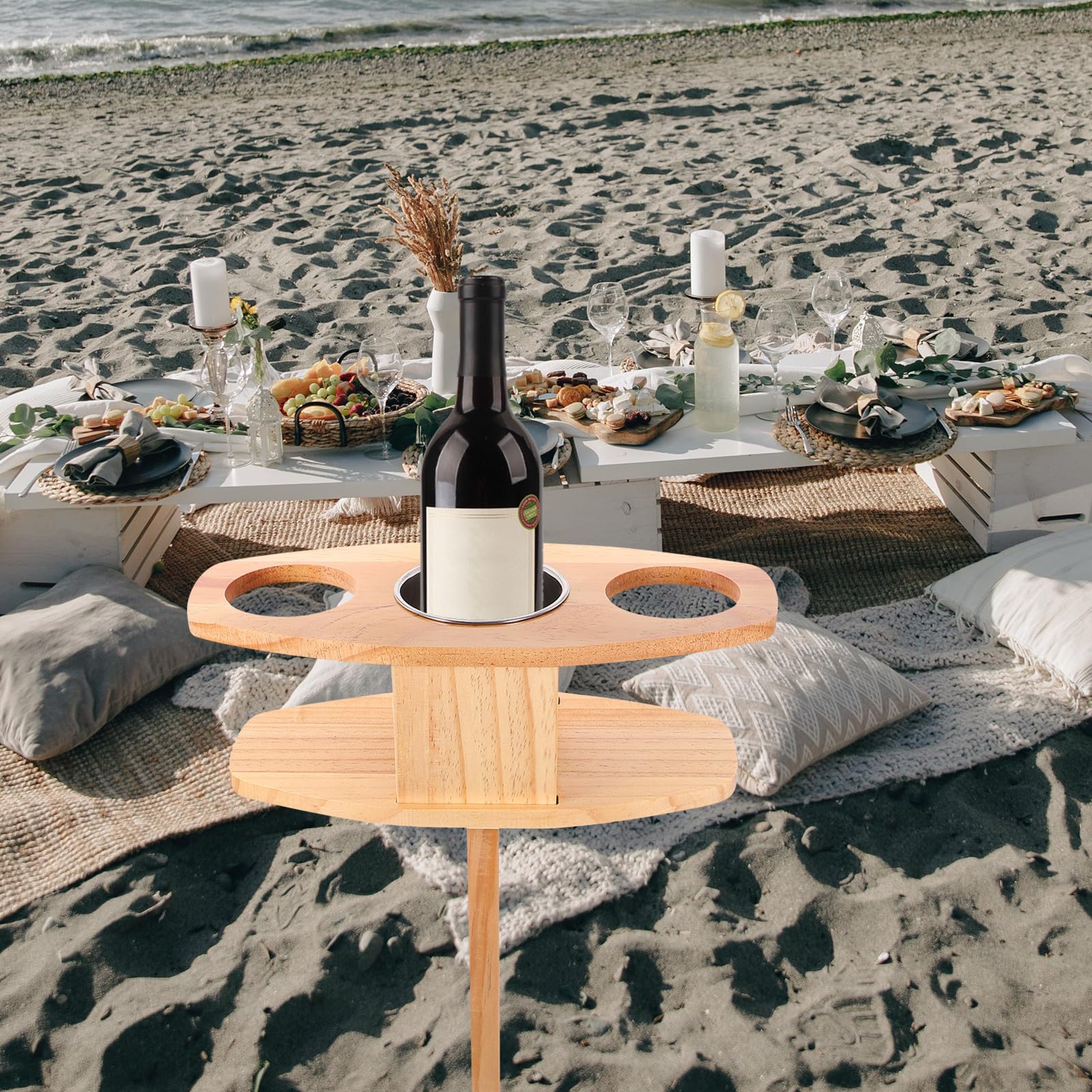 Housoutil Tavolino Pieghevole da Esterno in Legno Leggero e Portatile Supporto per Bicchiere di Vino per Spiaggia e Giardino