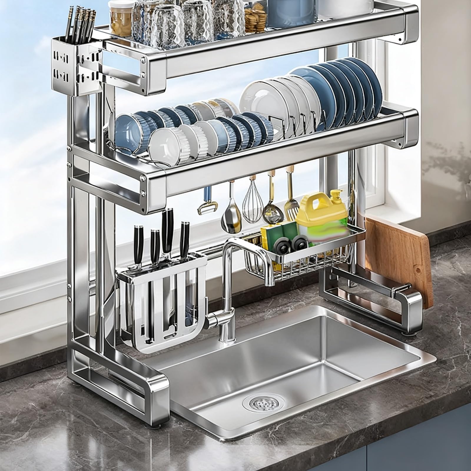 Égouttoir à vaisselle multifonctionnel, en Acier inoxydable 304, Avec égouttoir élargi et Grande capacité pour le Rangement Des bols et assiettes de Cuisine (Double couche, 67 cm