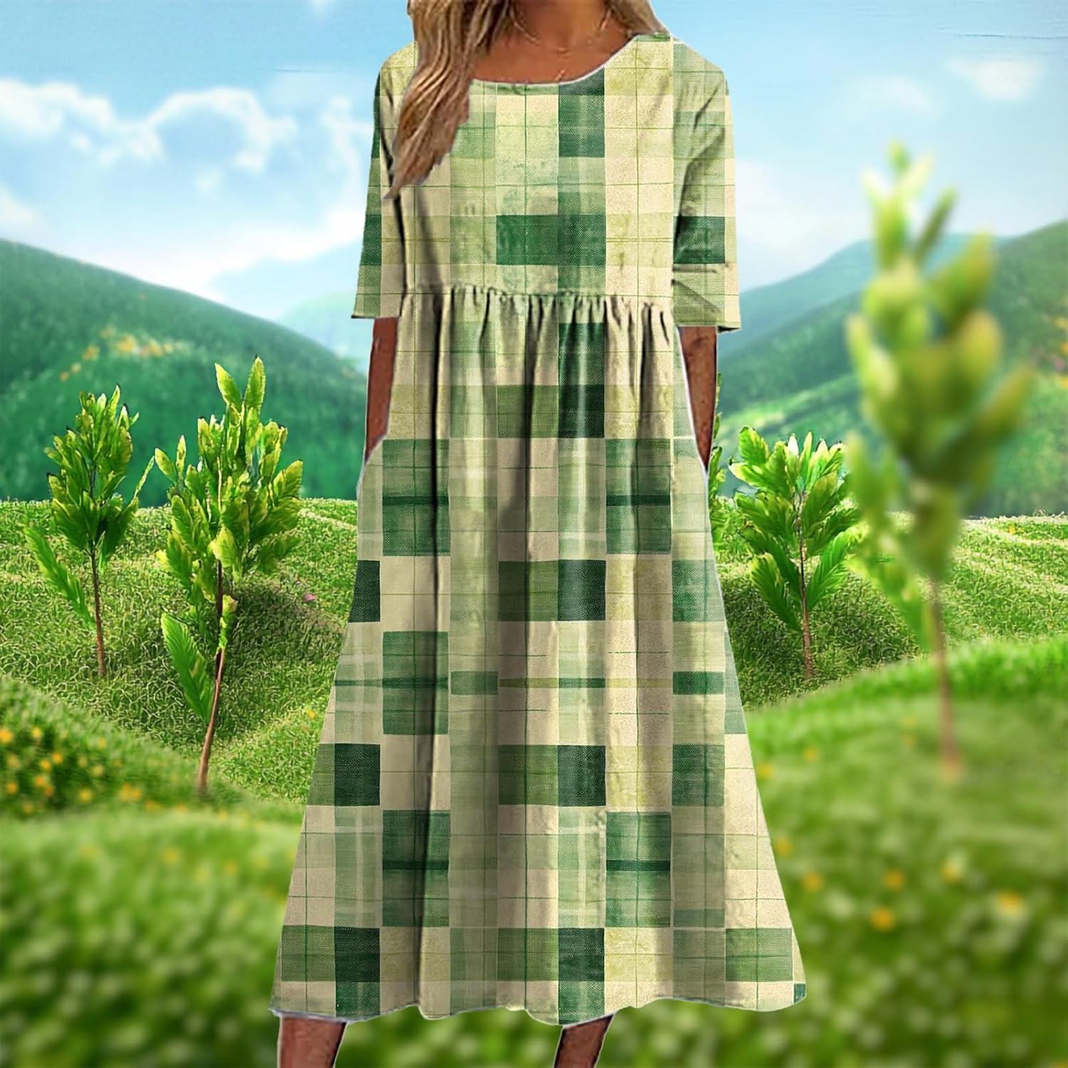 St Patricks Day Dress for Women Shamrock Crewneck Short Sleeve High Waist 2025 Summer Casual Flowy Fashion Dress - Image 2