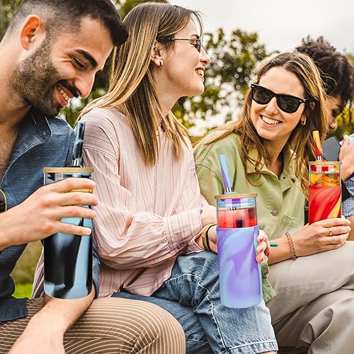 Miniatura 6 de tronco Vaso de vidrio de 20 onzas con tapa de bambú y pajita, taza de café helado reutilizable, taza de batido, taza de té Boba de vidrio, botella