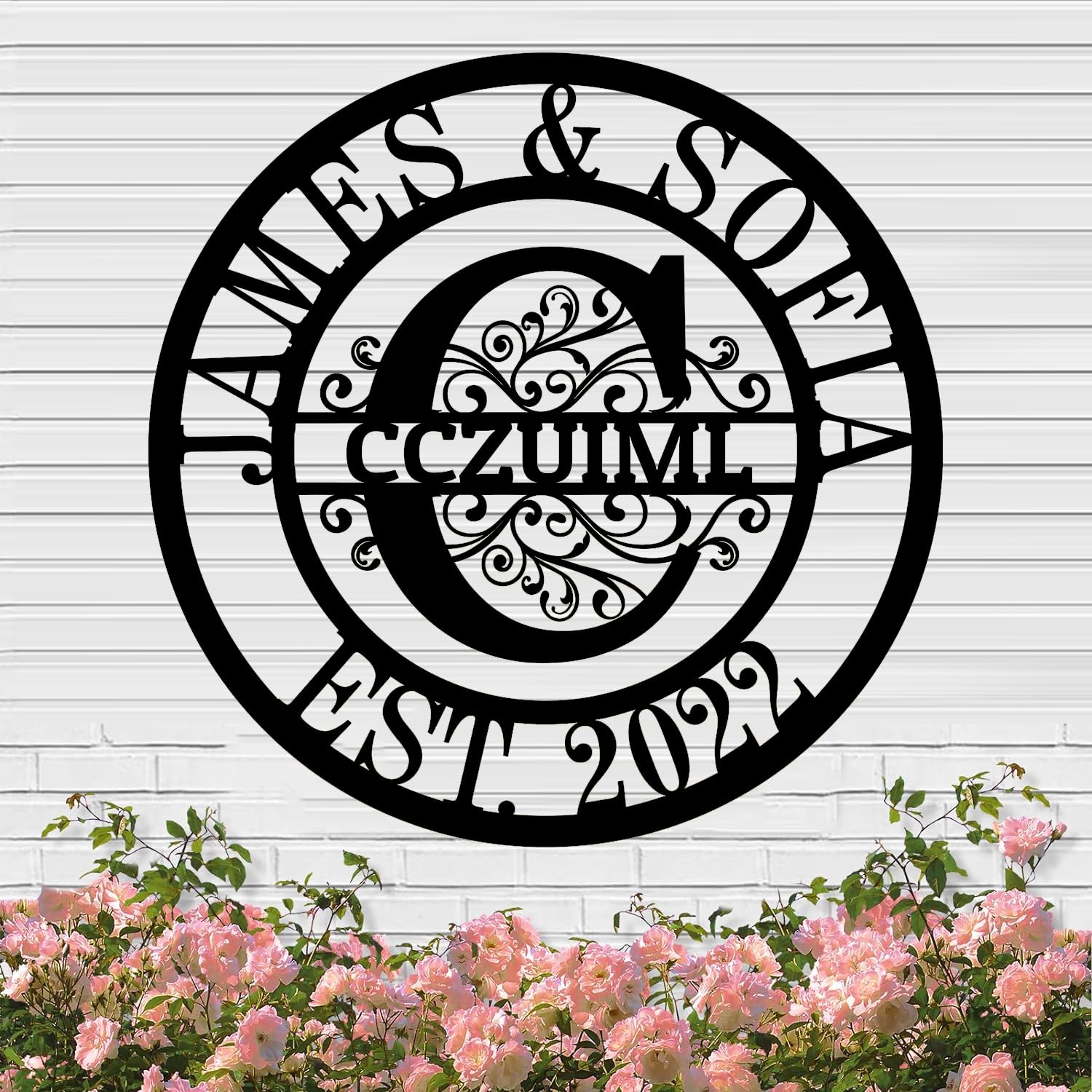 CCZUIML Custom Metal Name Sign - Personalized Door Hanger for Wedding and Housewarming - Outdoor Monogram Family Sign with Last Name
