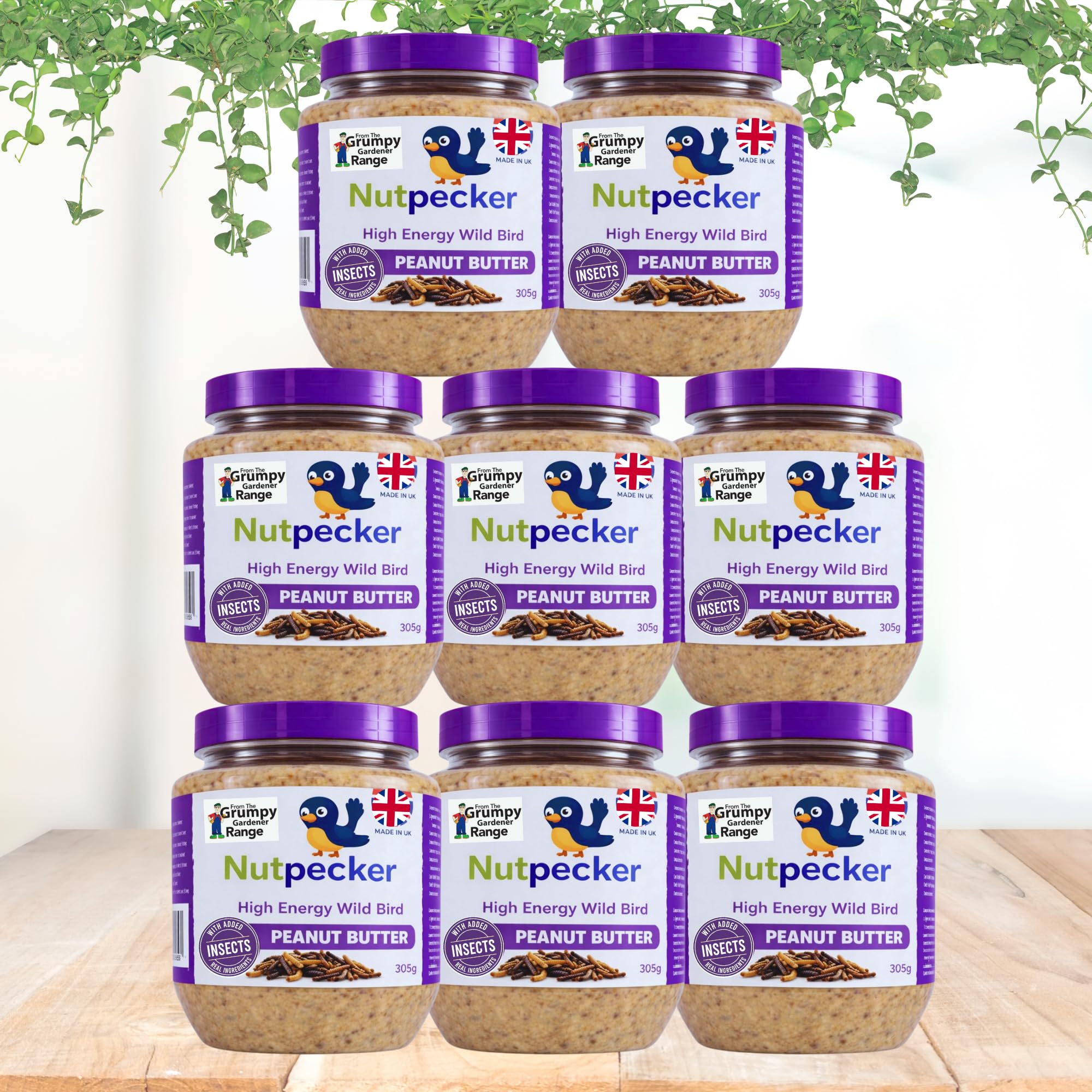 Grumpy Gardener NutPecker Peanut Butter Bird Food for Wild Birds - Insects Suet Bird Feeding Nourishment, High-Energy Made in the UK Wild Bird Food | Insects Flavor 8 x 330g each