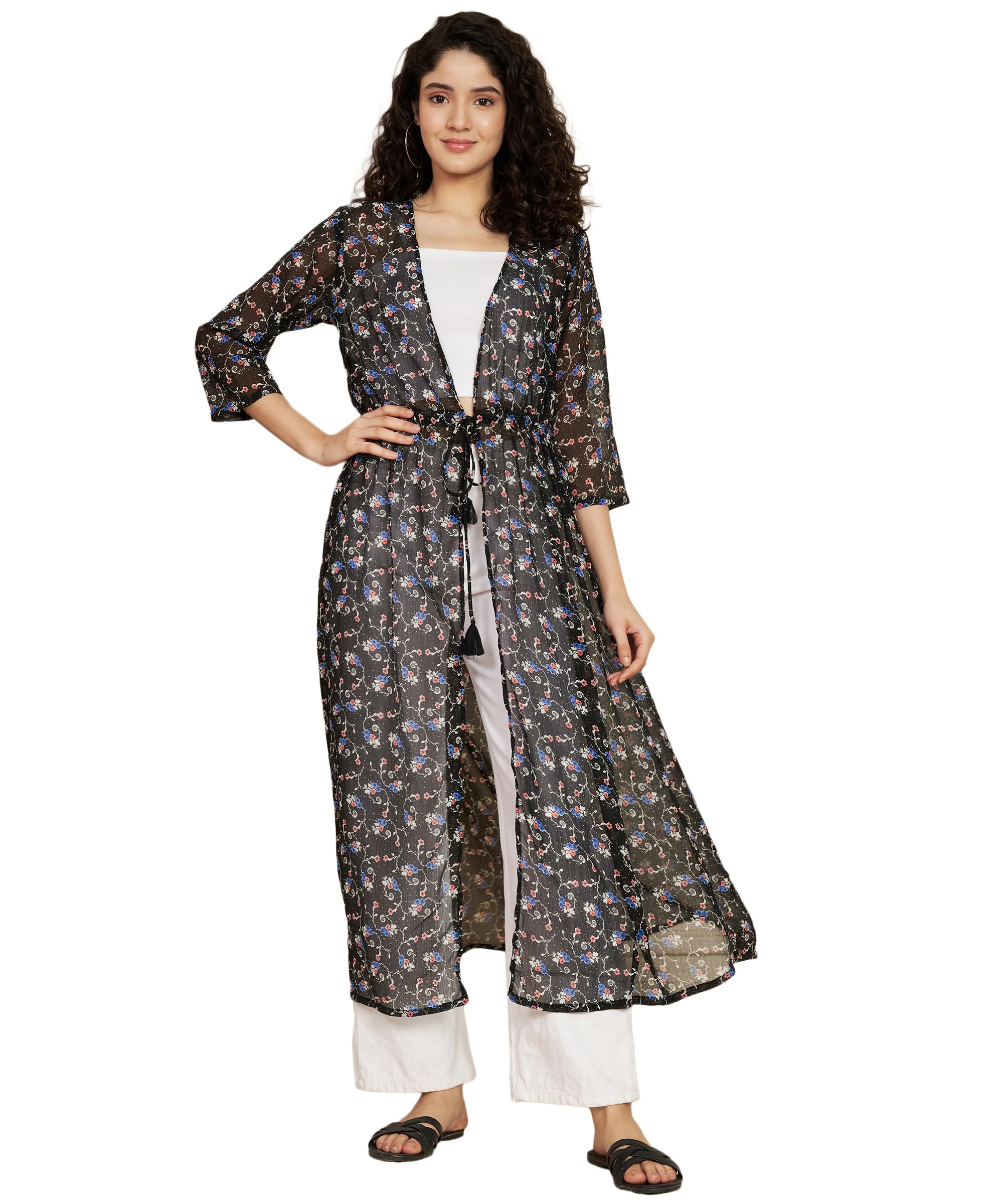 fbella Women Chiffon Black Printed Long Shrug-picture-50