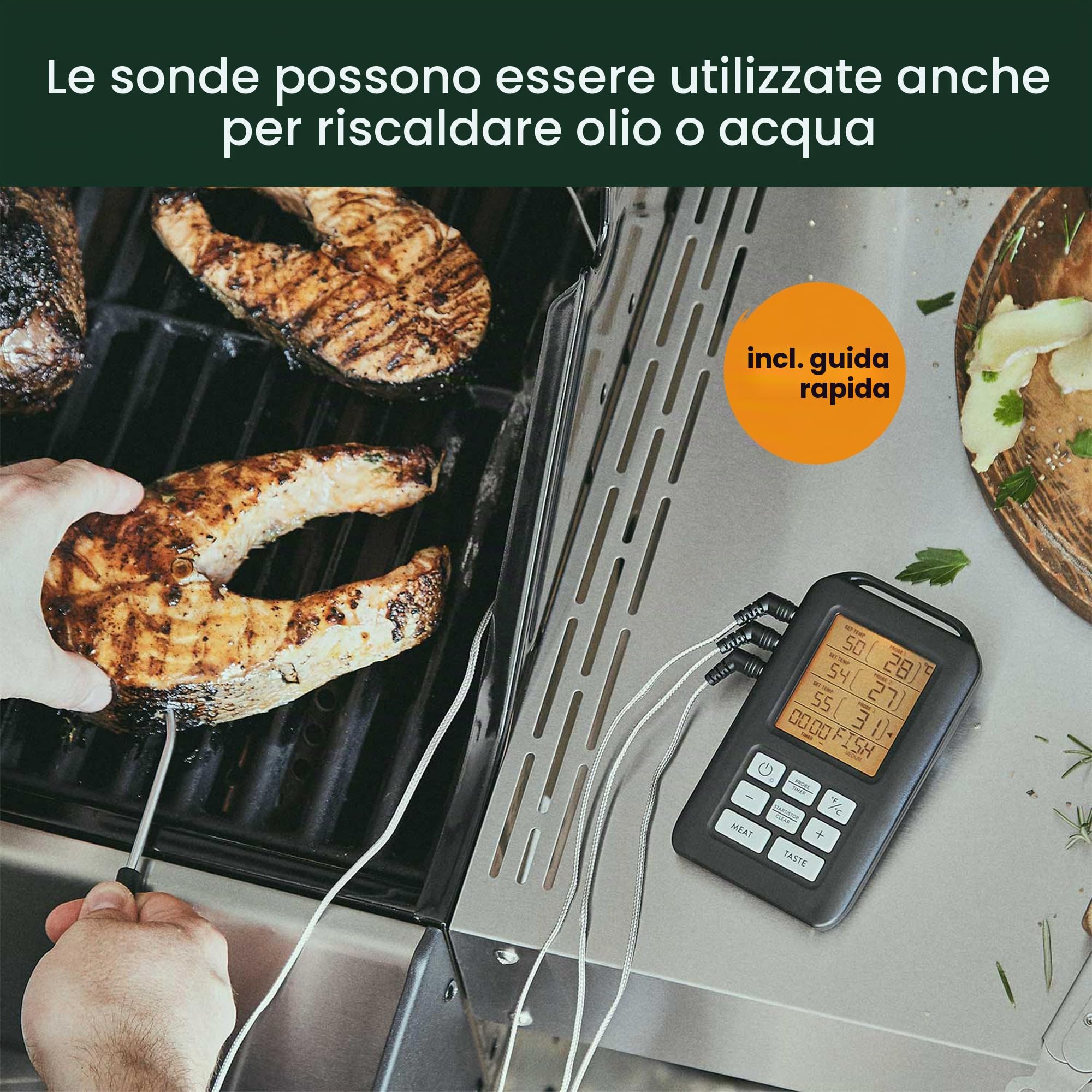 BURNHARD Termometro per Griglia 4 Sonde Sonda in Acciaio Inox, Portata 30m, Funzione Timer, Sincronizzazione Automatica, Display LCD, Livelli di Cottura Preimpostati – BBQ Master PRO