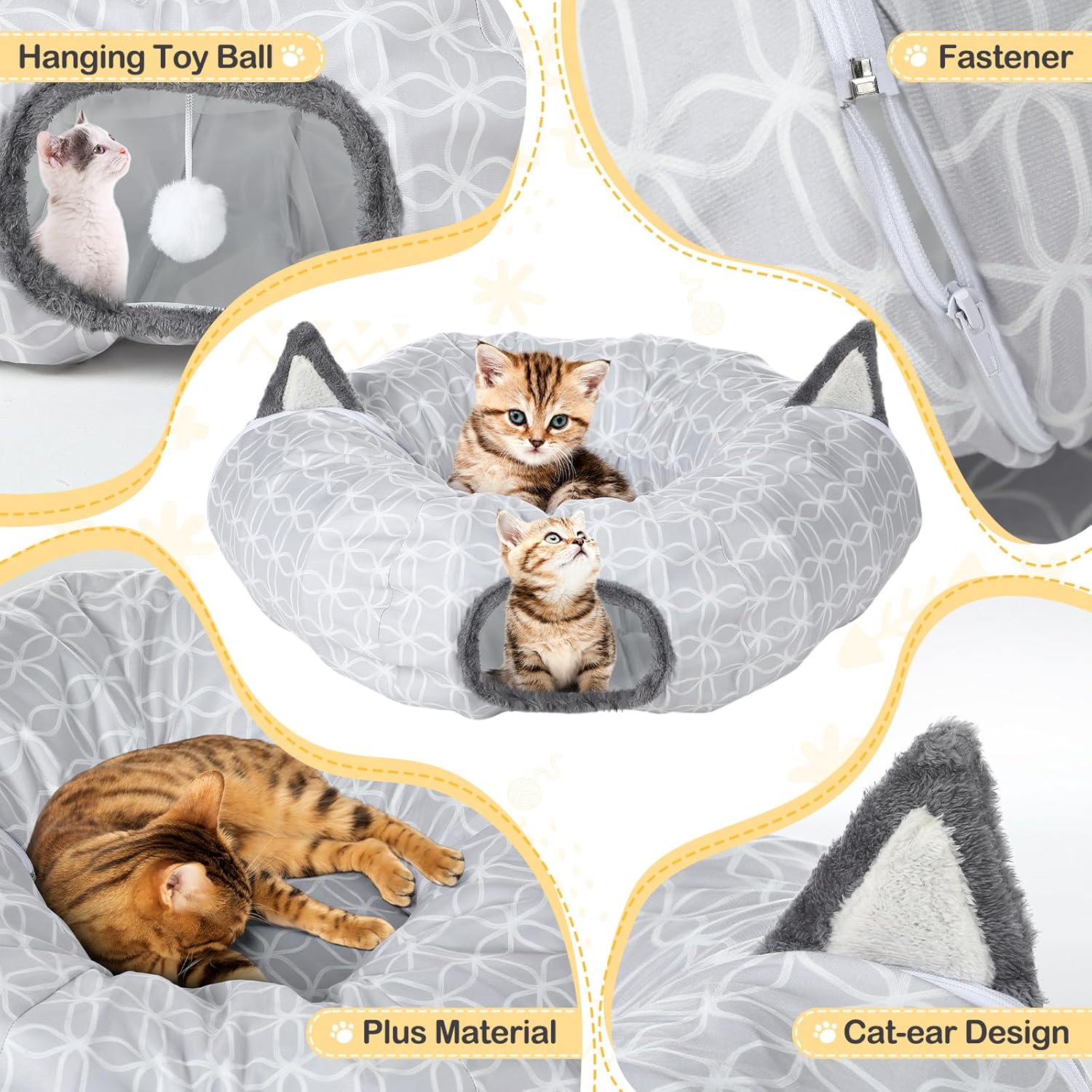 Soulchen 2 Pcs Geometric Cat Tunnel with Plush Inside Toys Collapsible Tunnel Tube with Balls for Cats, and Small Dogs, Gray Geometric Figure