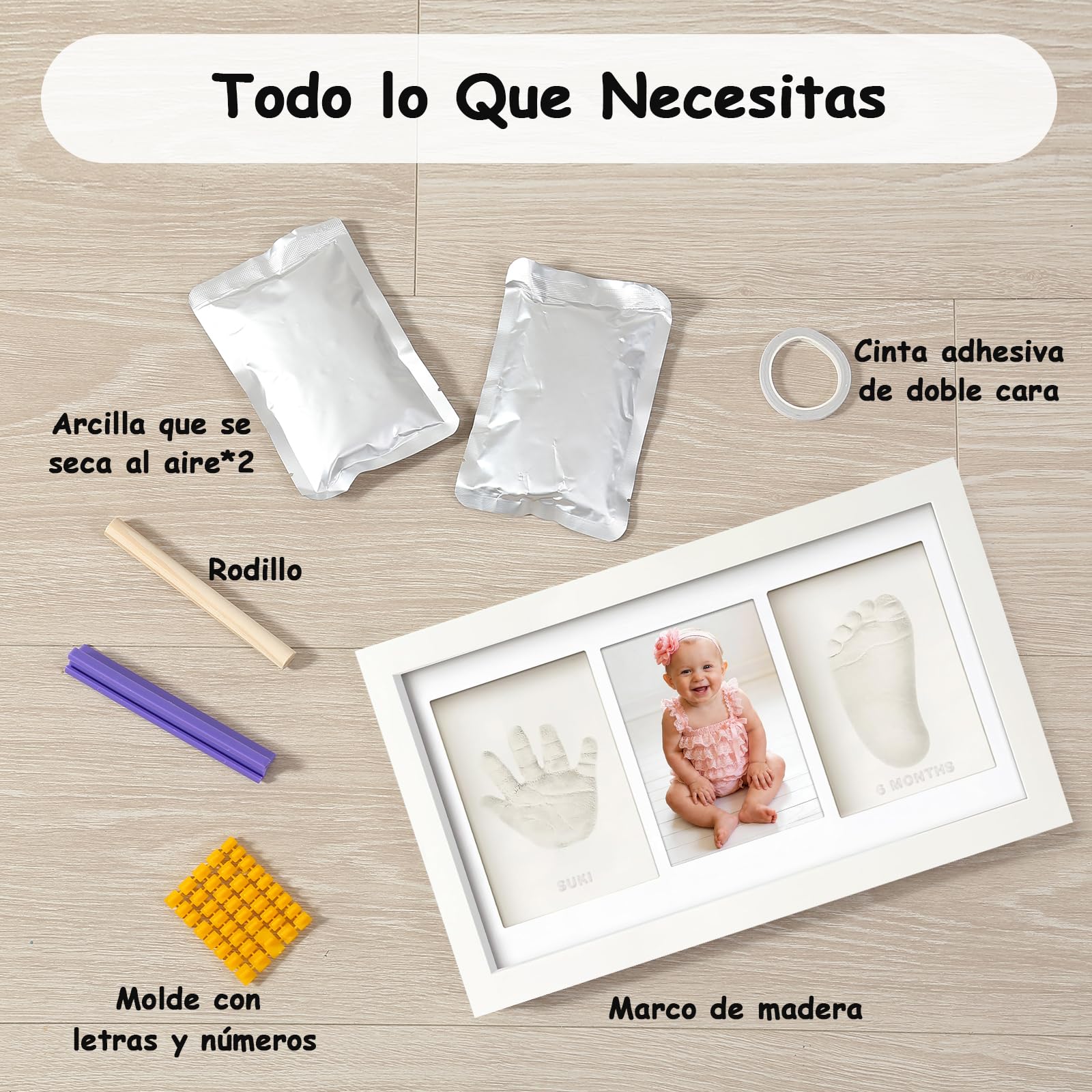 Marco Huellas Bebe Recien Nacido con Arcilla Anti Grietas,Regalo Bebe 1 Año,Huella Perro-Blanco