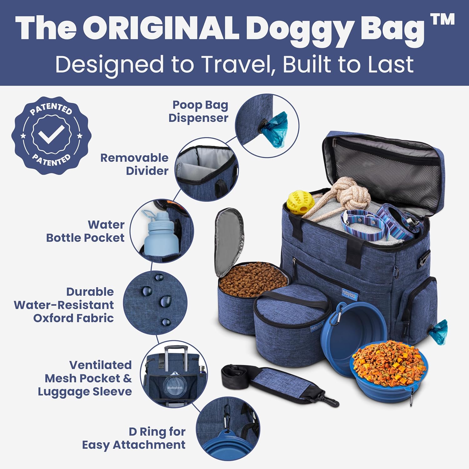 Rubyloo The Original Doggy Bag (Navy) & 32oz Insulated Water Bottle with Attached 8oz Bowl (Solid Dusty Blue) – Dog Travel Bag & Hydration Set