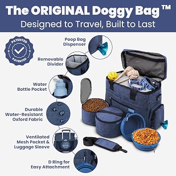 The Original Doggy BagTM - Complete Dog Travel Bag for Supplies with 2 BPA-Free Travel Dog Bowls & 2 Pet Food Containers - Traveling Kit for Road Trips, Camping, Weekend Away or Doggy Gift: Navy