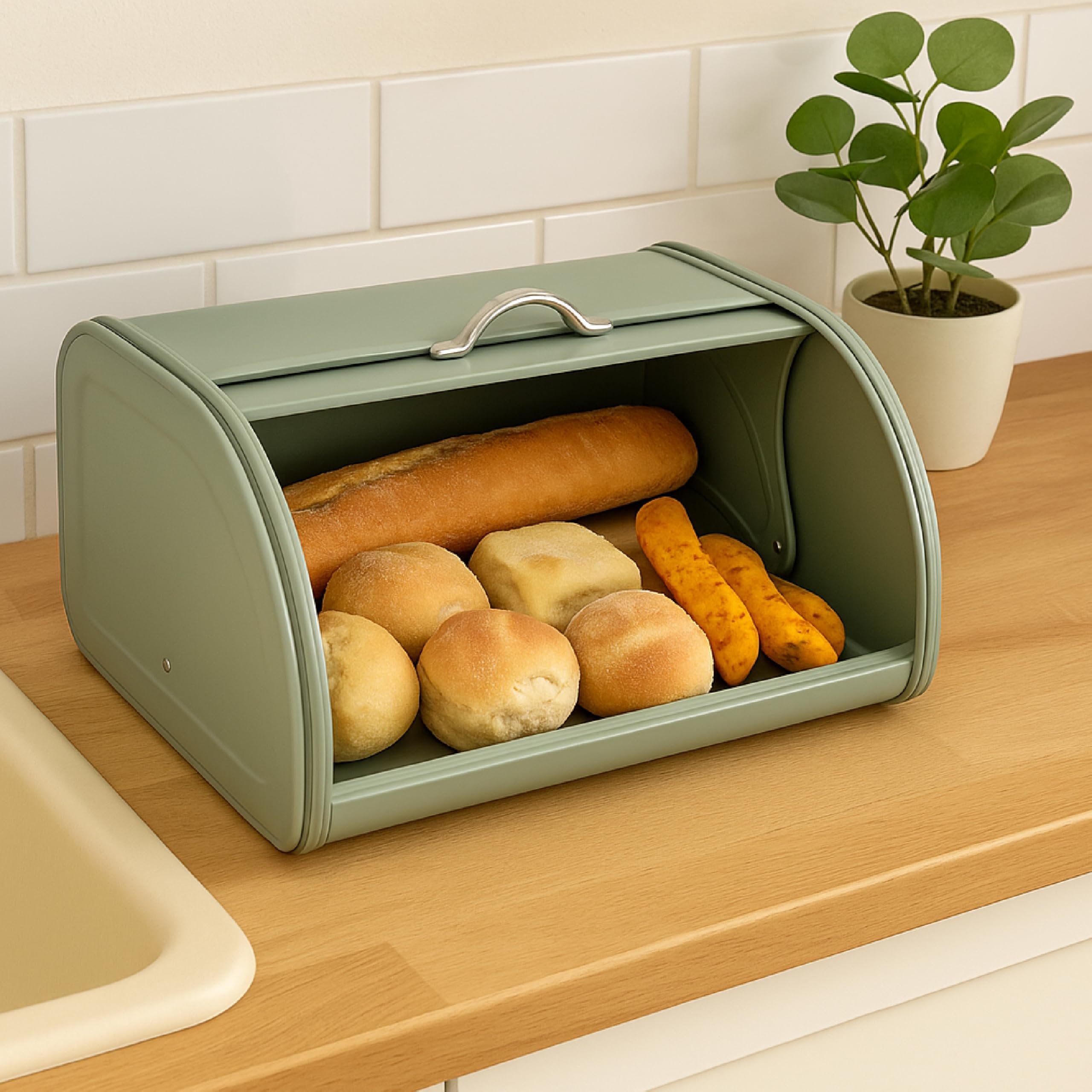 Baroni Home Portapane in Metallo con Coperchio con Maniglia, Design Moderno per Tavola e Cucina, Linea Salvia, 30x26x17 cm