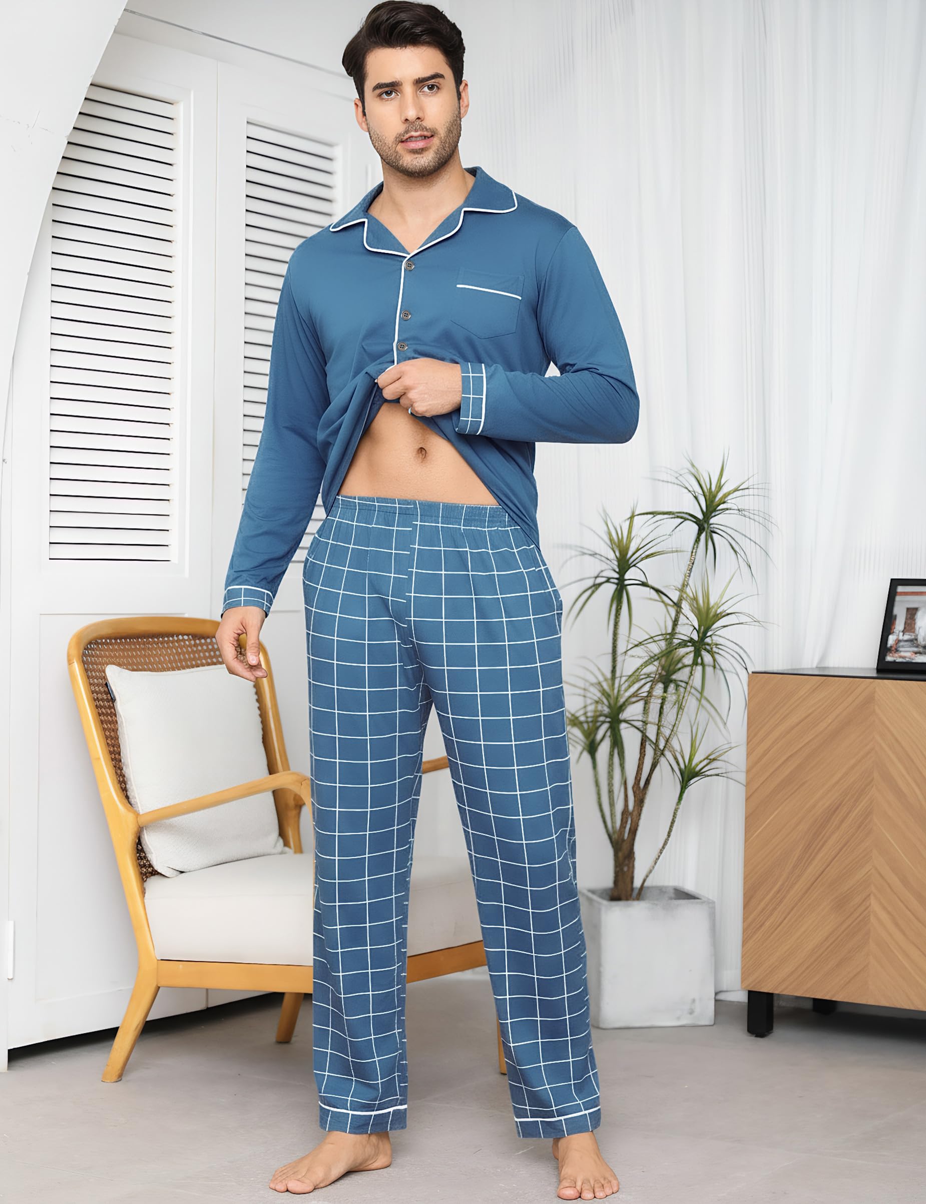 Bresdk Pigiama Uomo Cotone Lungo Invernale Manica Lunga con Bottoni Pigiami Due Pezzi Classico Aperto Davanti Caldo e Morbido