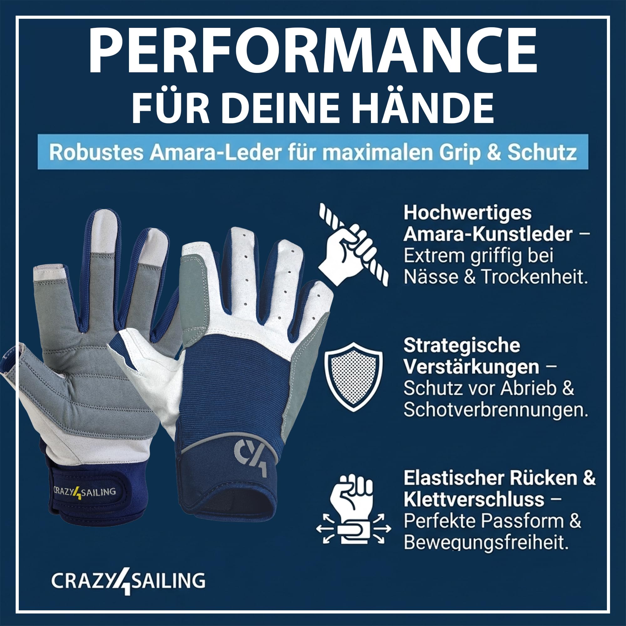 crazy4sailing Gants de Voile Cruising - 2 Doigts coupés, Taille:L, Couleur:Bleu Marine