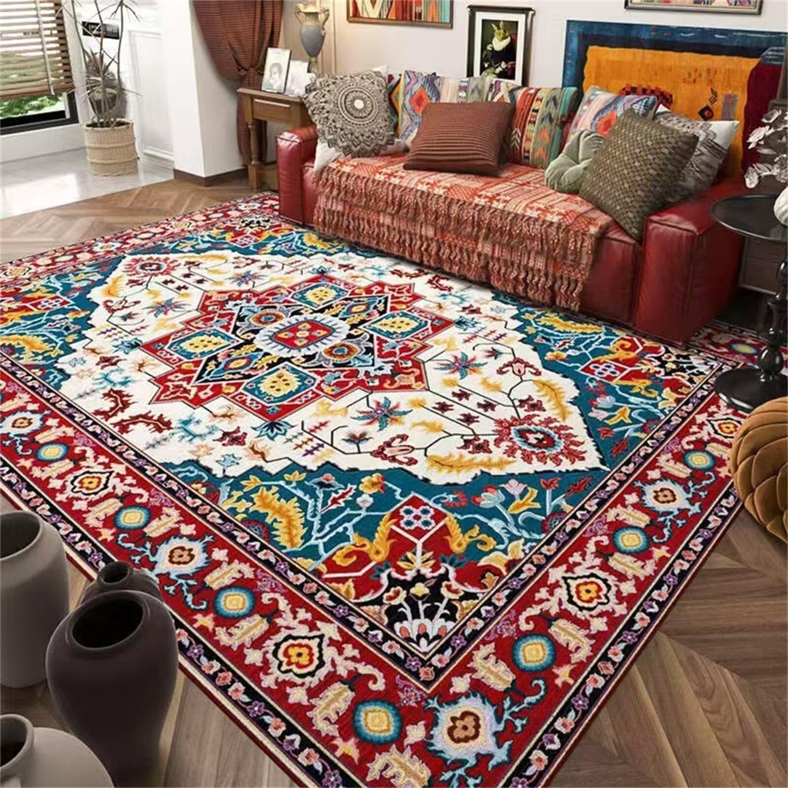 Tapis de chambre rouge 170x240 cm rétro imprimé fleurs pour bureau