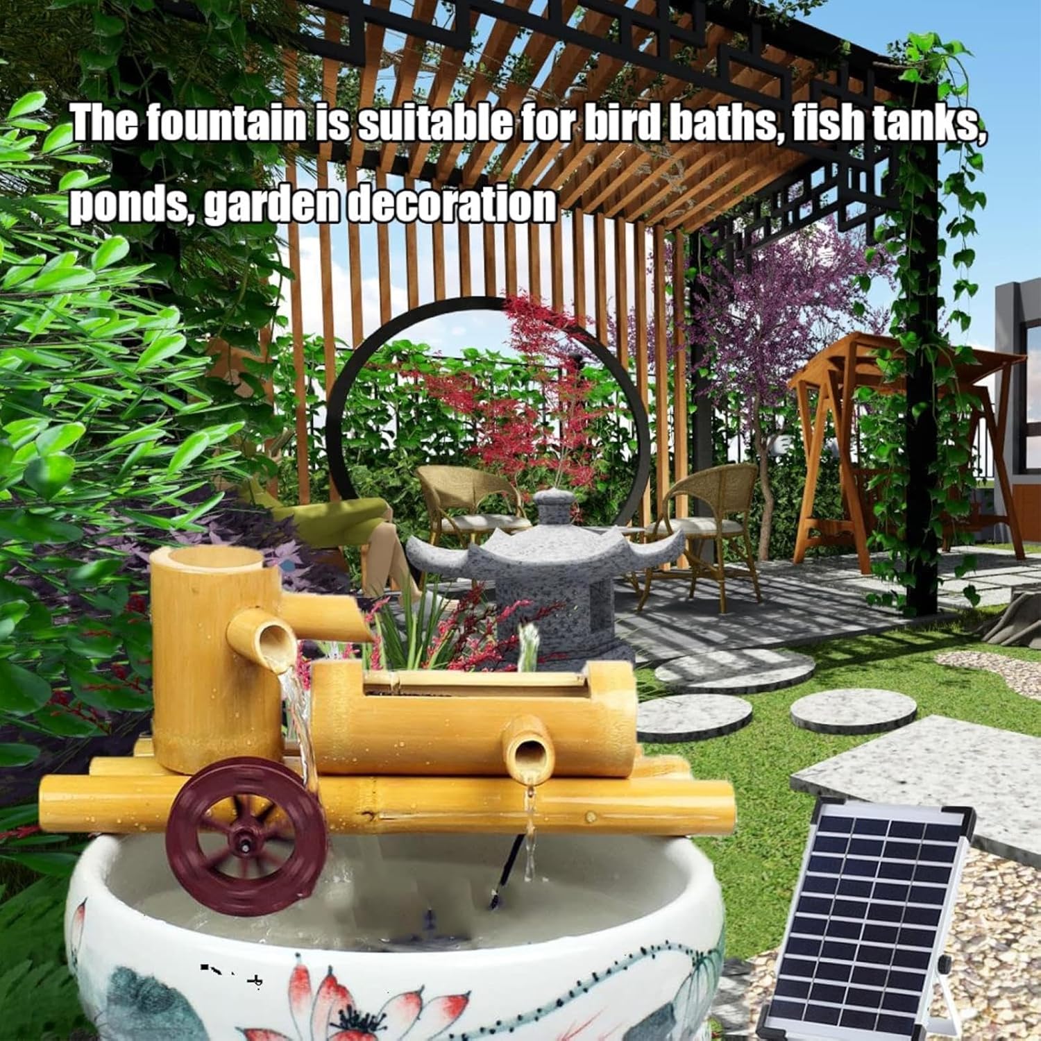 Bamboo Fountain Kit with Pump, Solar Bamboo Water Fountain, Zen Garden Bamboo Water Feature, Flowing Water Decoration with Waterwheel, for Fish Tanks, Backyards, Ponds,35cm/13.8in,35cm/13.8in