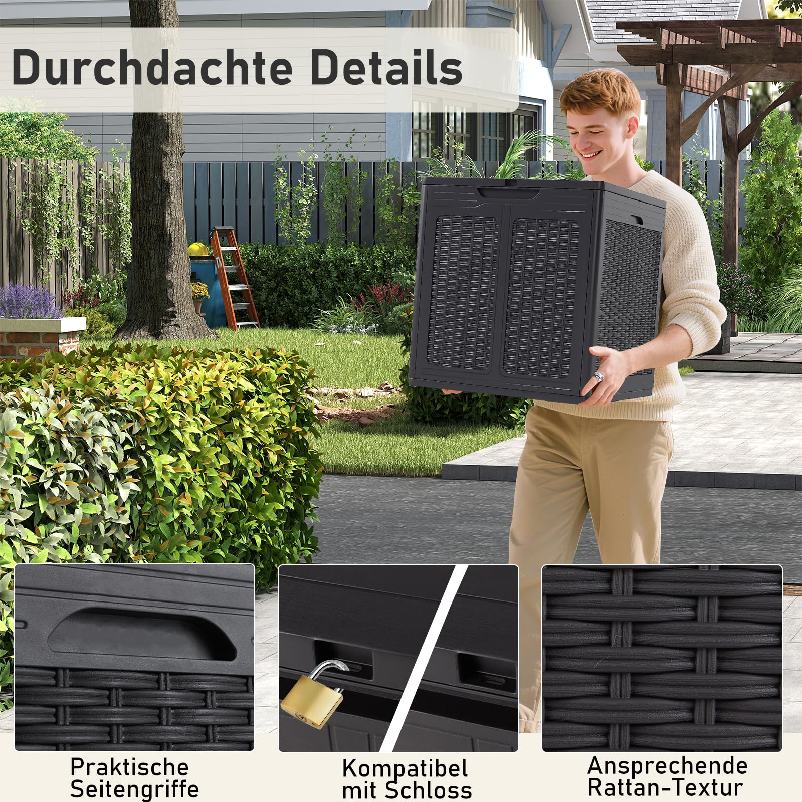 GOPLUS Gartenbox 145 L, Aufbewahrungsbox mit abschließbarem Deckel, Auflagenbox wasserfest mit Griffen, Deckbox Gartentruhe Kissenbox für Gartengeräte, Kissen & Poolzubehör (145 L,Braun)